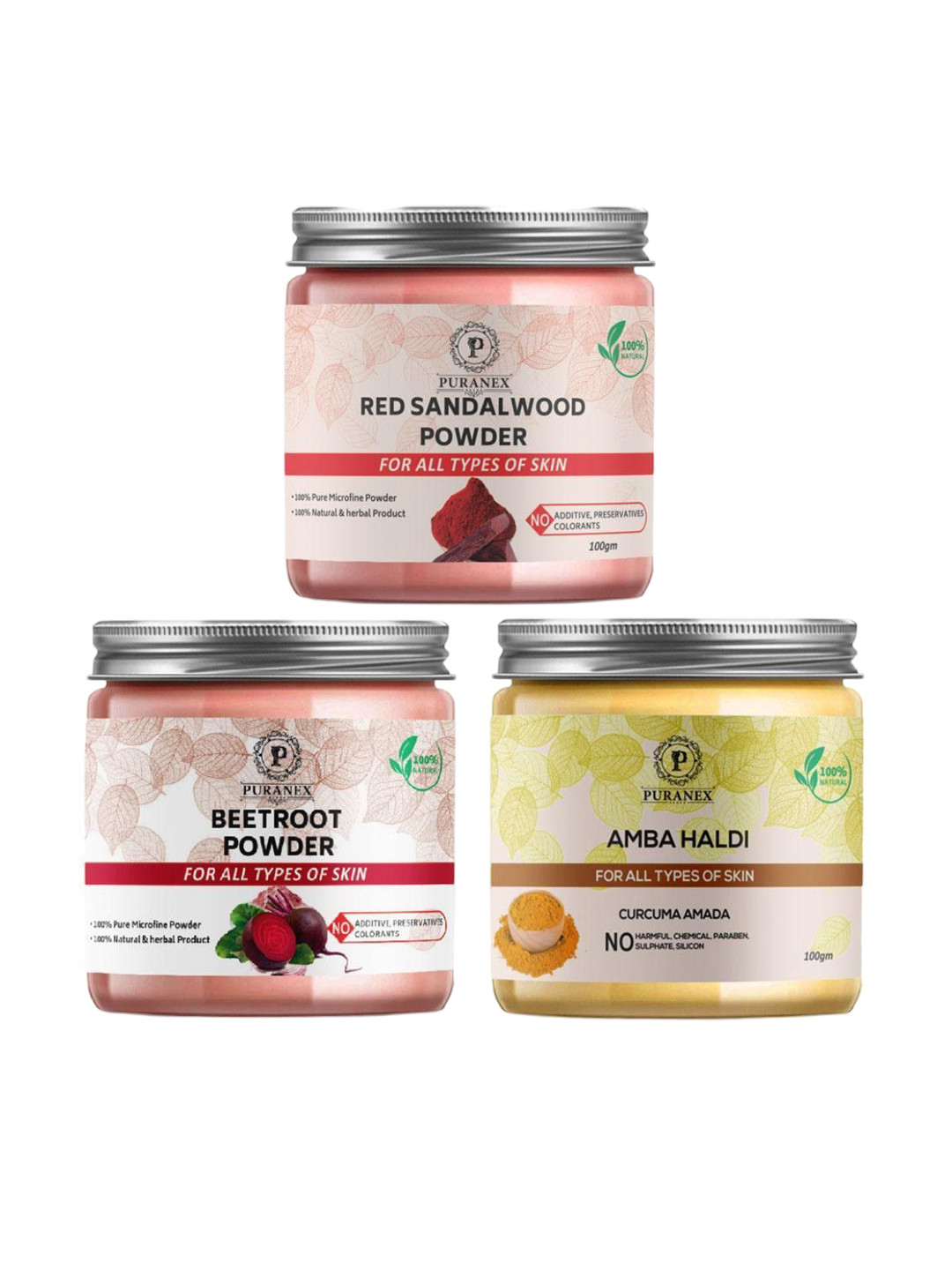 

Puranex Set Of 3 Red Sandal Wood, Beetroot & Amba Haldi Face Pack Powder - 100 g Each, White
