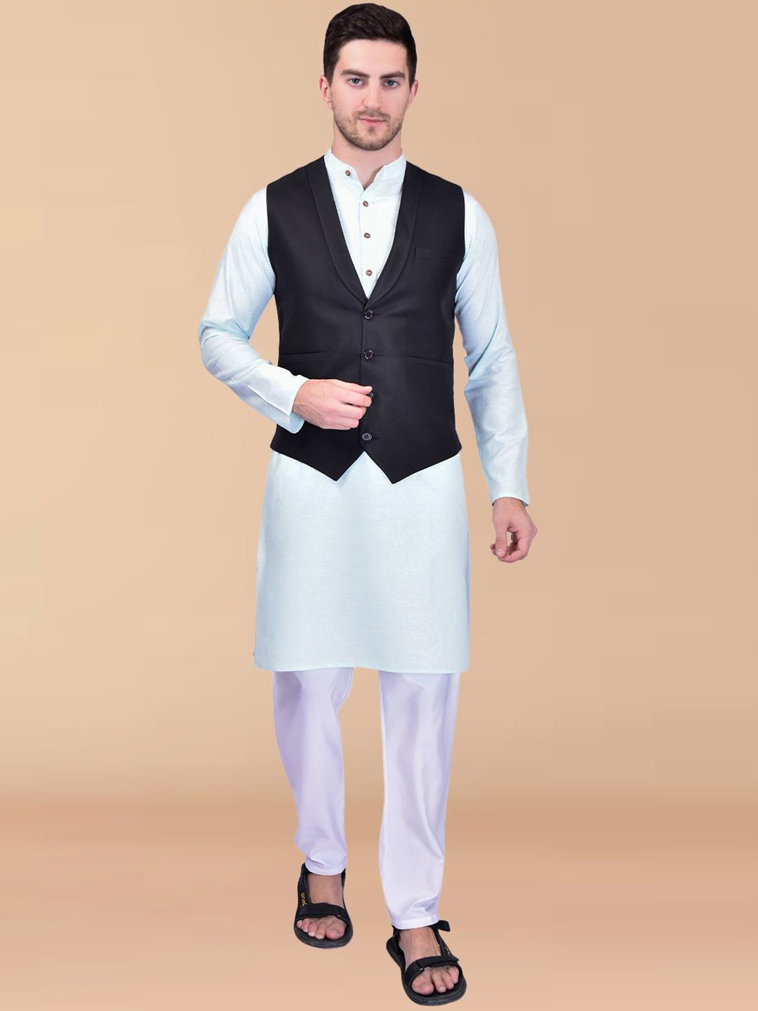 

PRINTINDIA Mandarin Collar Pure Cotton Straight Kurta With Trousers, White