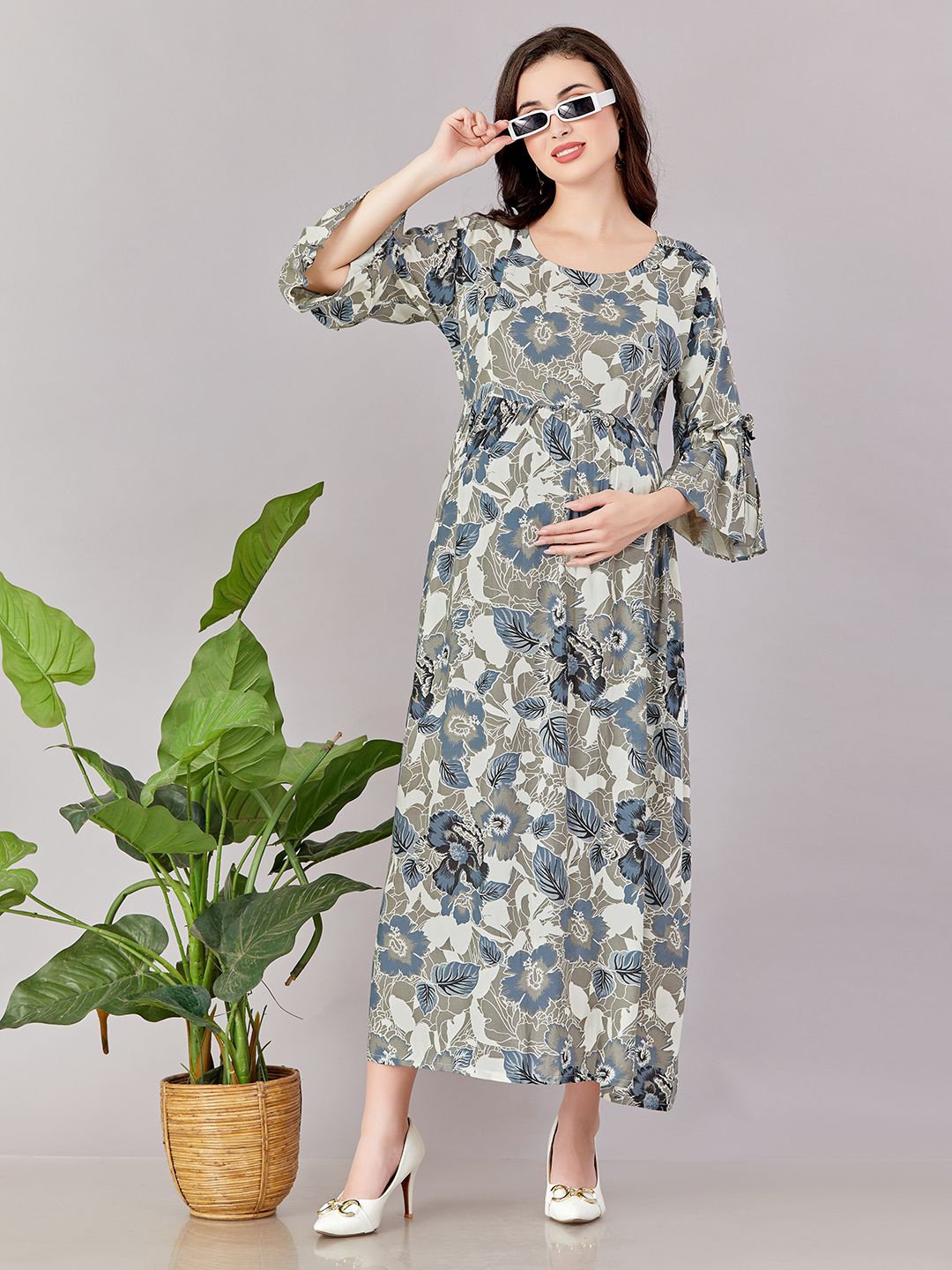 

LOVELY MOM'S Women Floral Printed Bell Sleeve Maternity Fit & Flare Maxi Dress, Grey