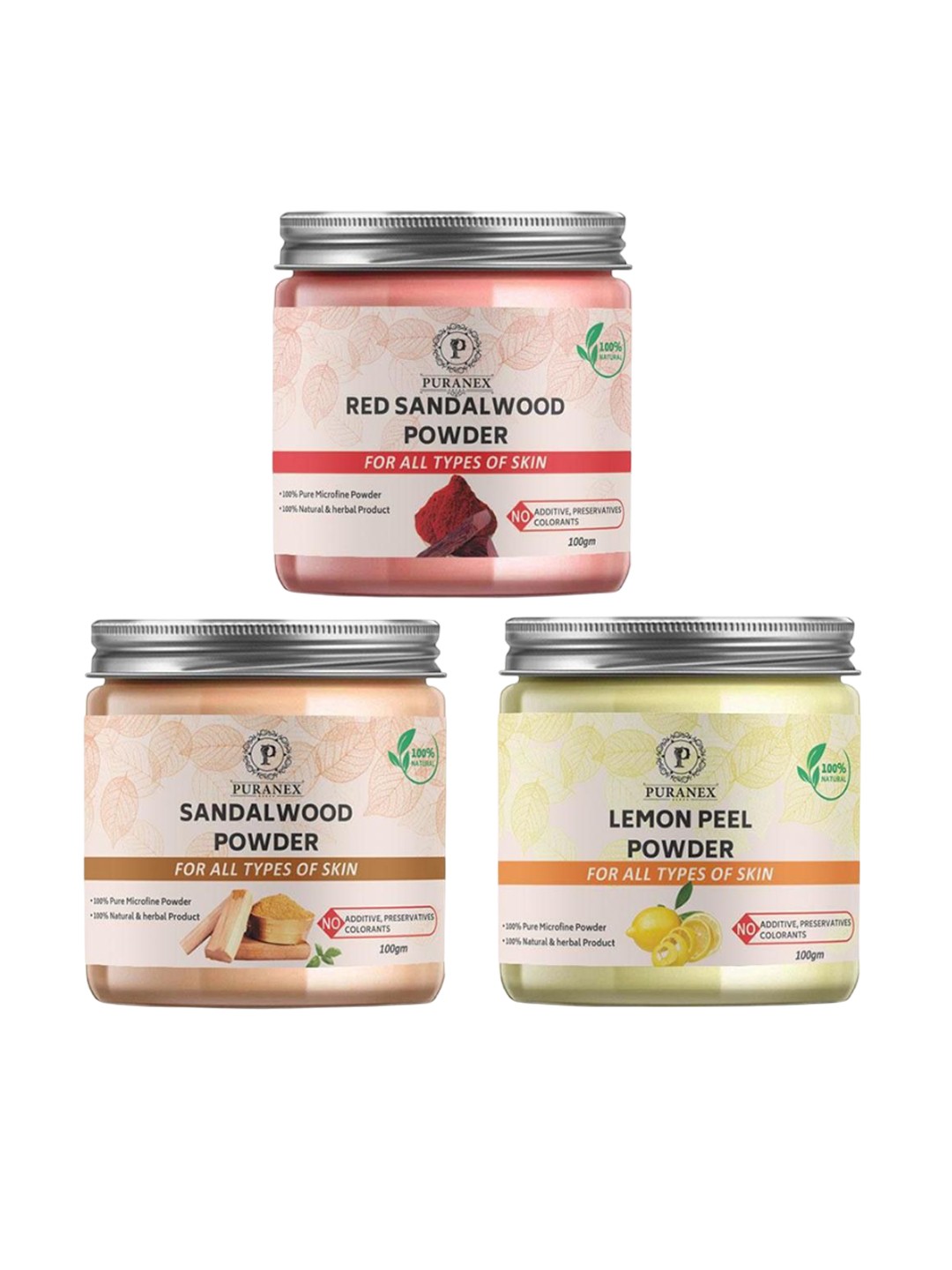 

Puranex Set Of 3 Red Sandalwood & Lemon Peel Face Pack Powder - 100 g Each, White