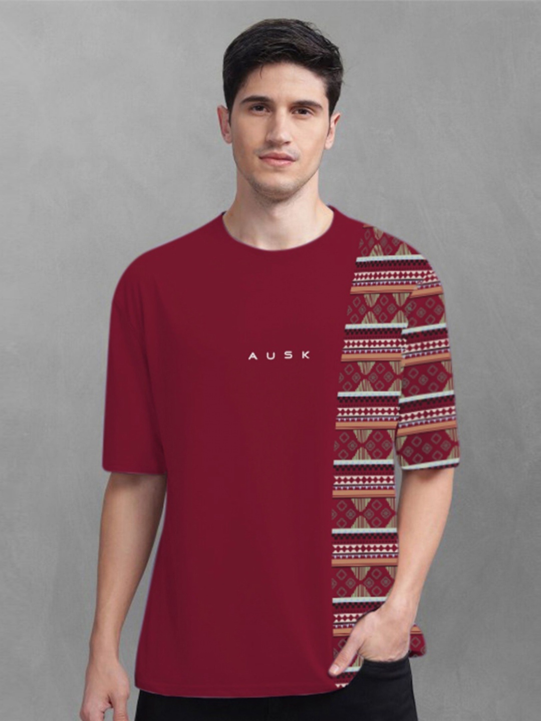 

AUSK Men Graphic Printed Round Neck Cotton T-shirt, Maroon