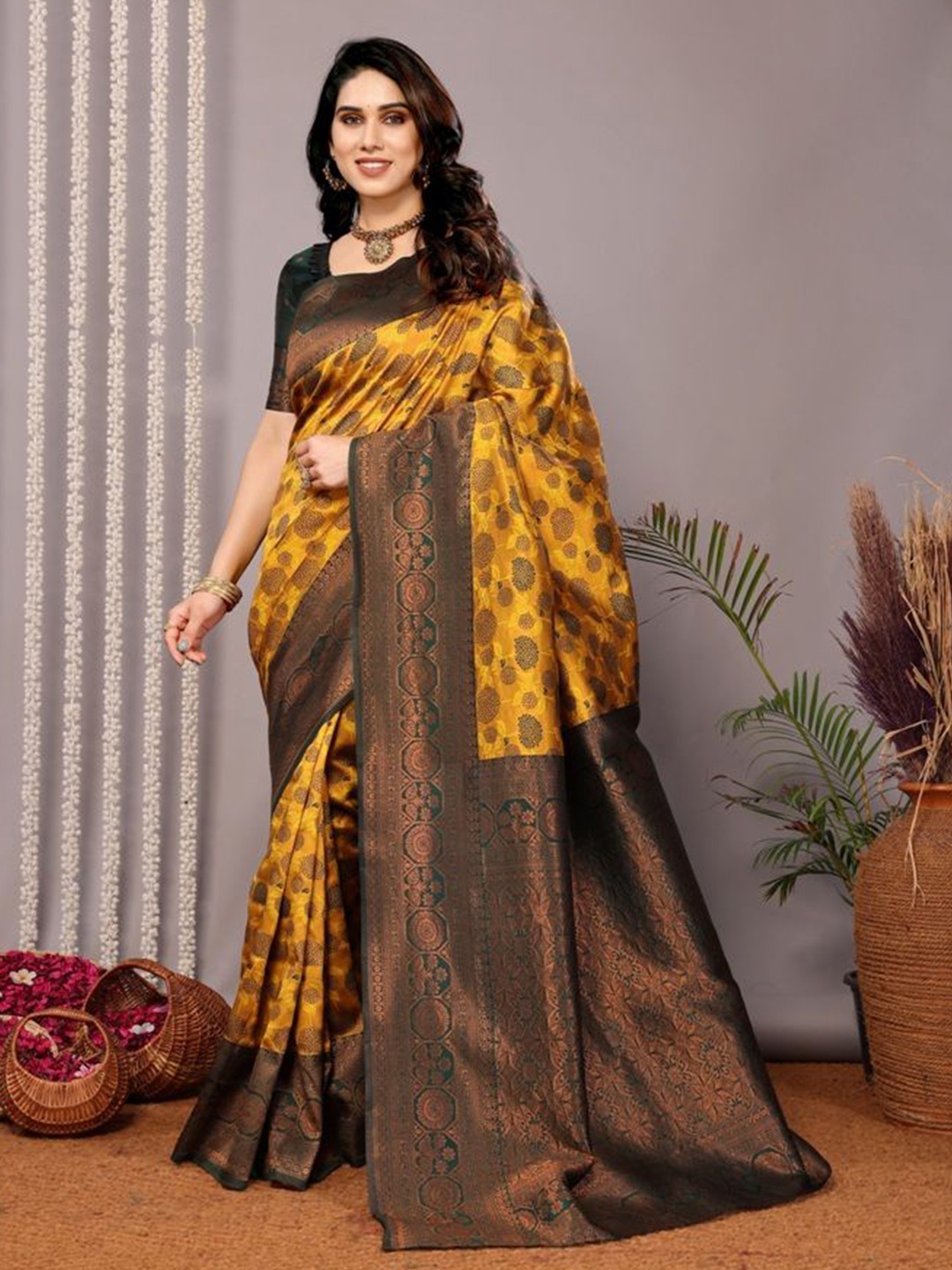 

RASVRITI Woven Design Zari Art Silk Banarasi Saree, Yellow