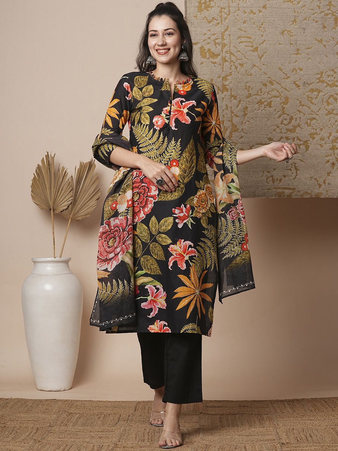 

FASHOR Floral Printed Pure Cotton Kurta With Trousers & Dupatta, Black