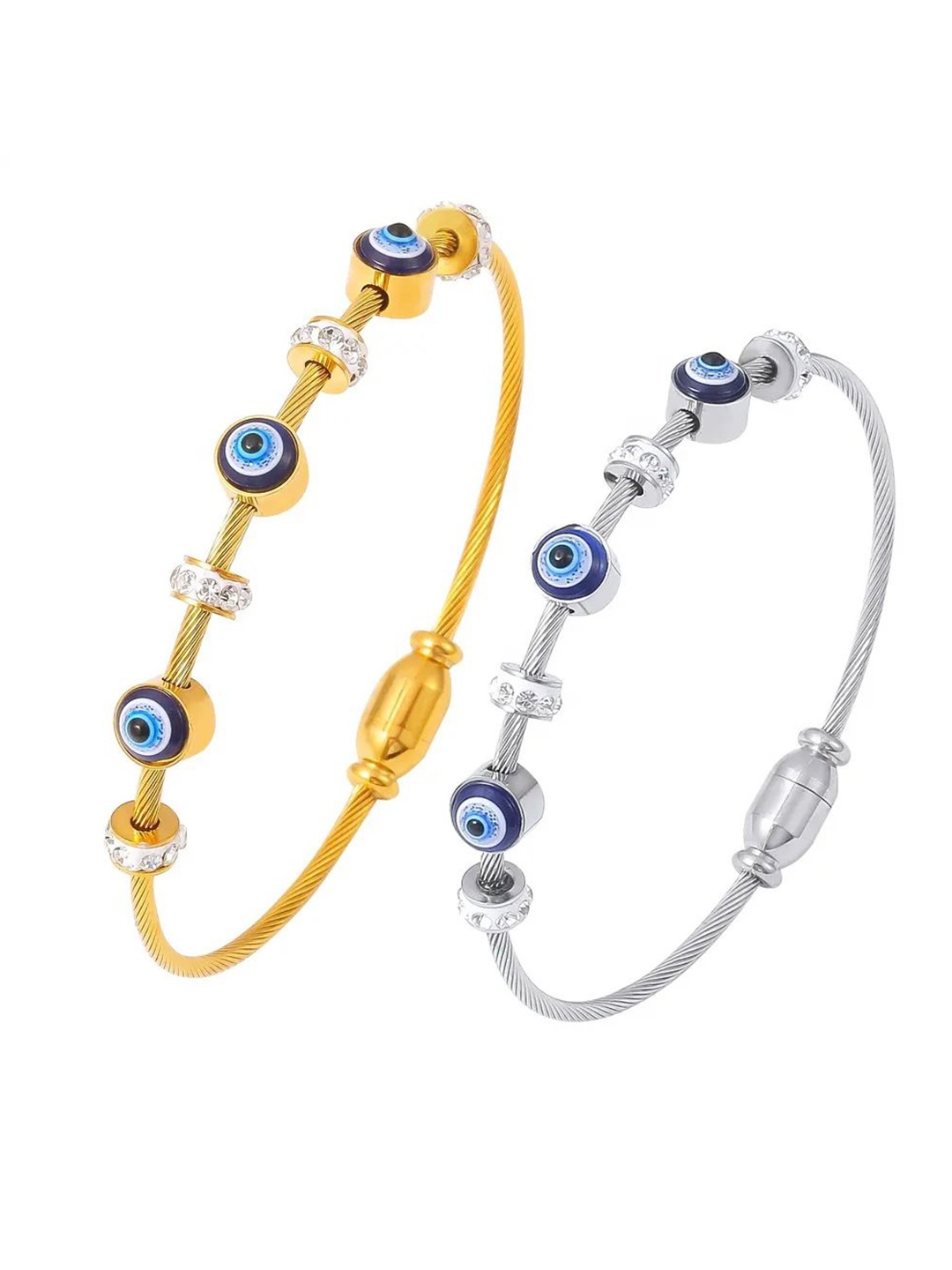 

DIVASTRI Set Of 2 Stainless Steel Gold-Plated American Diamond Studded Kada Bracelets