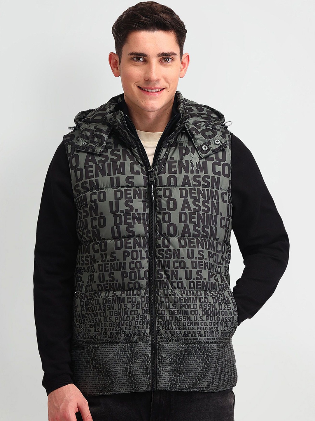 

U.S. Polo Assn. Denim Co. Men Hooded Typography Printed Casual Gilet Jacket, Grey