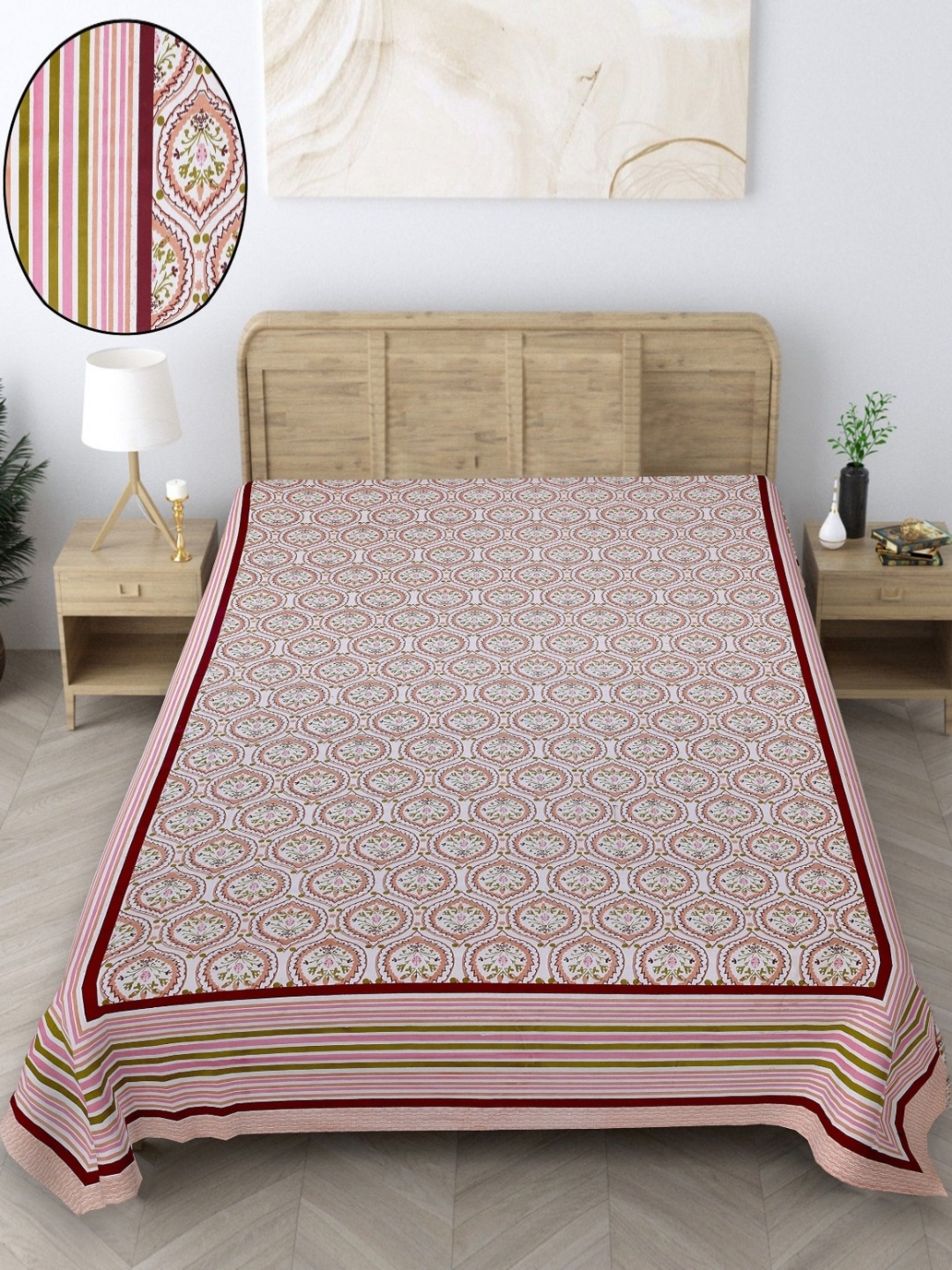 

Texstylers Peach-Coloured & Orange Floral Pure Cotton 164 TC Single Bedsheet-1.52m X 2.28m