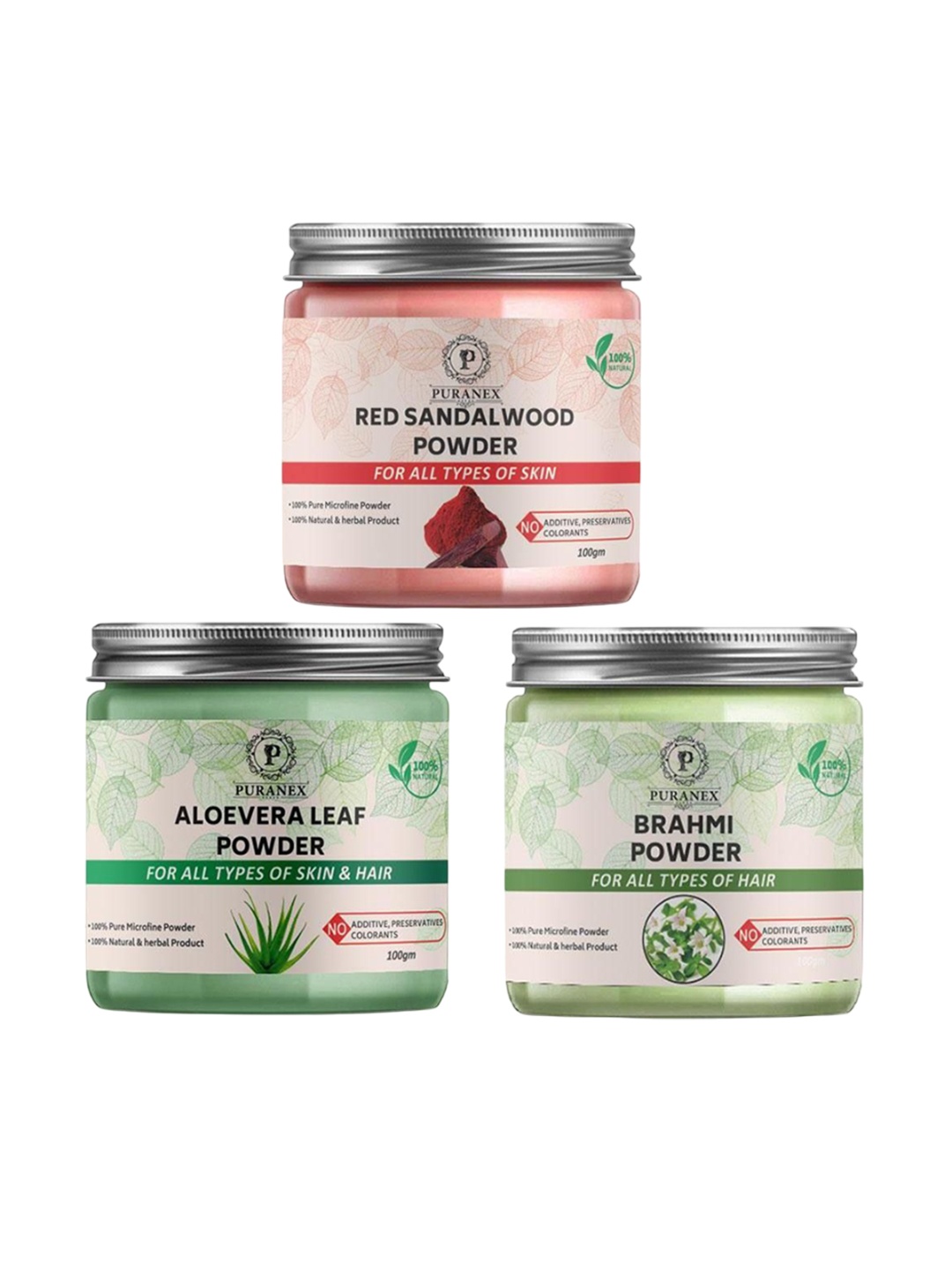 

Puranex Set Of 3 Natural Red Sandalwood - Aloe Vera Leaf & Brahmi Powder - 100g Each, Pink