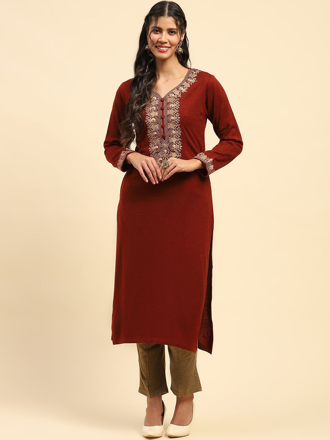 

Me&I Ethnic Motifs Yoke Design Thread Work Woollen Straight Kurta, Rust