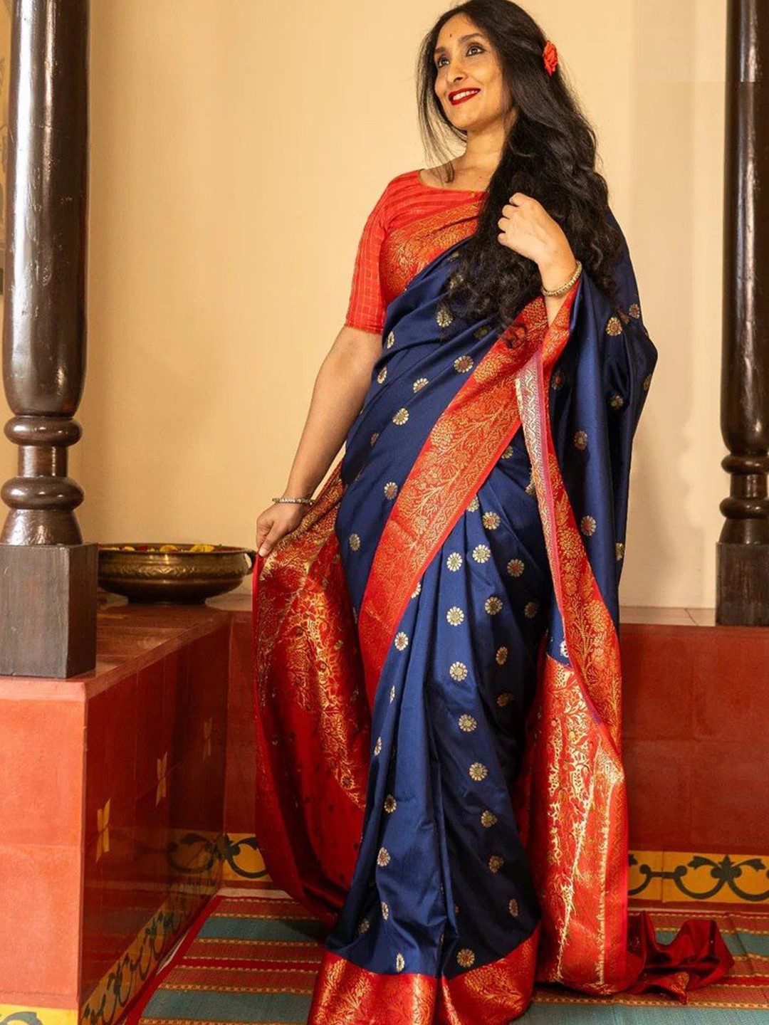 

Fashion Booms Ethnic Motifs Woven Design Zari Pure Silk Banarasi Saree, Blue