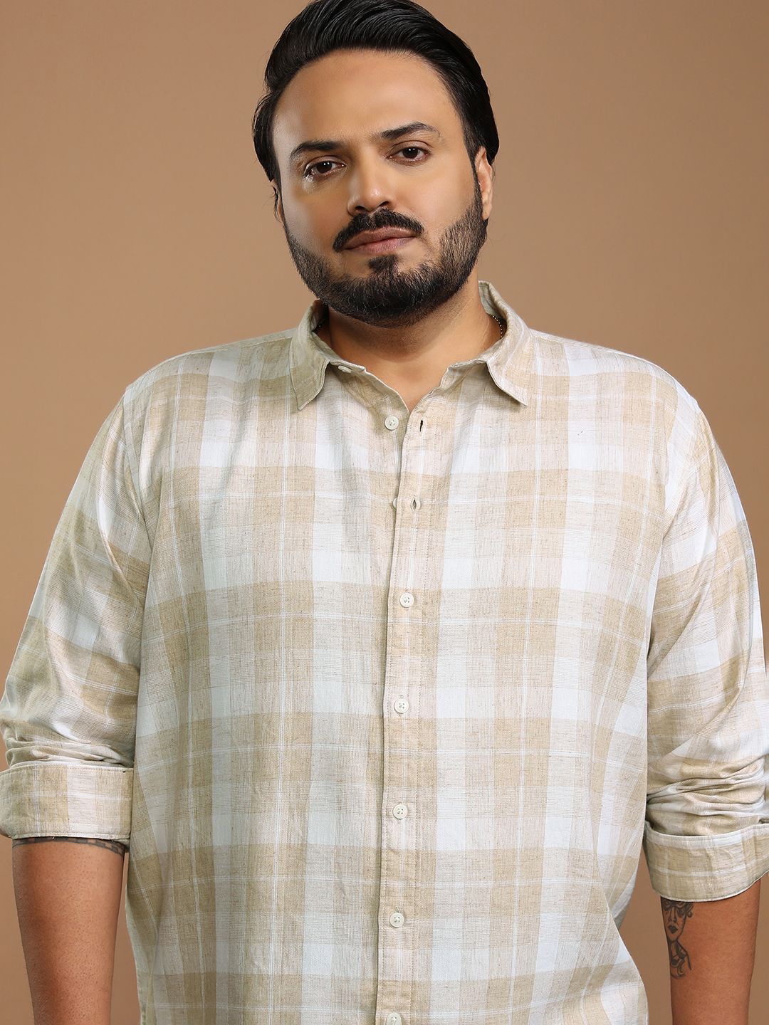 

HIGHLANDER Men Other Checked Plus size Casual Shirt, Beige