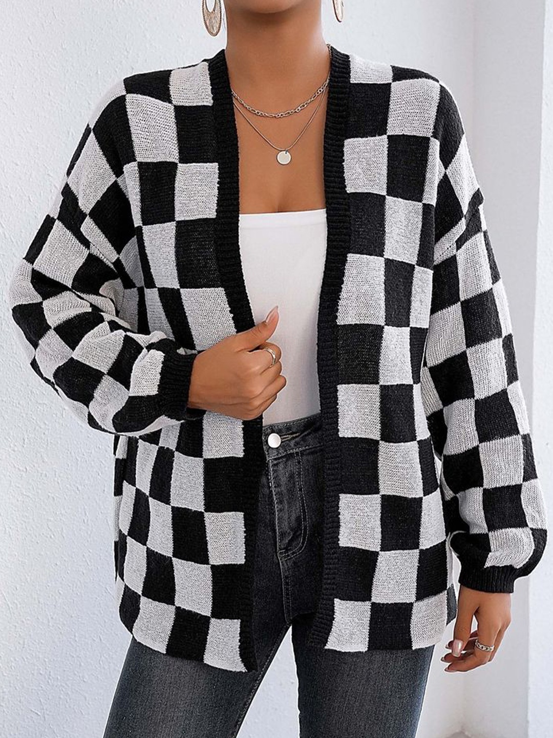 

LULU & SKY Women Checked Front-Open Sweater, Black