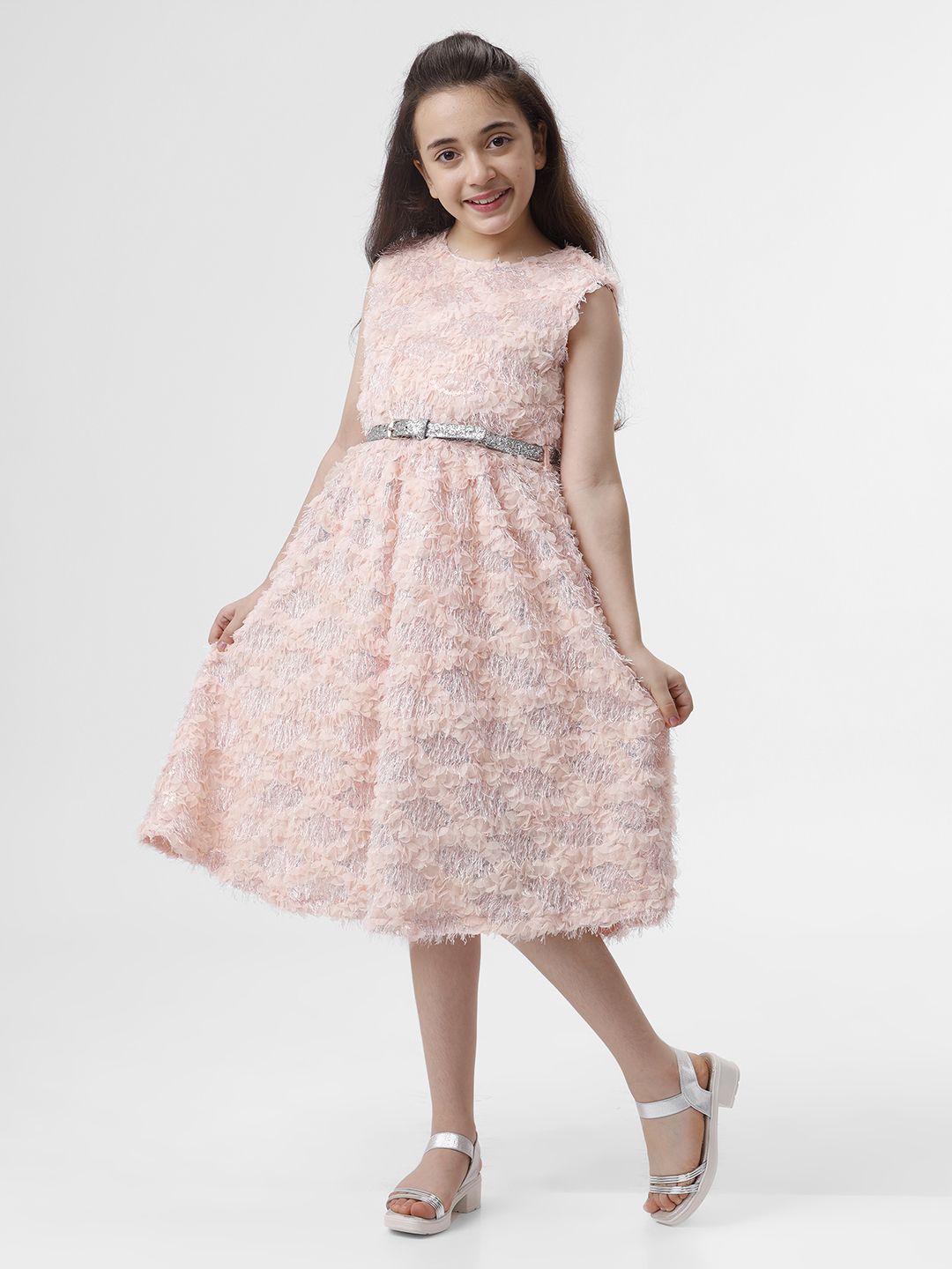 

KATE & OSCAR Girls Self Design Fit & Flare Midi Dress With Belt, Peach