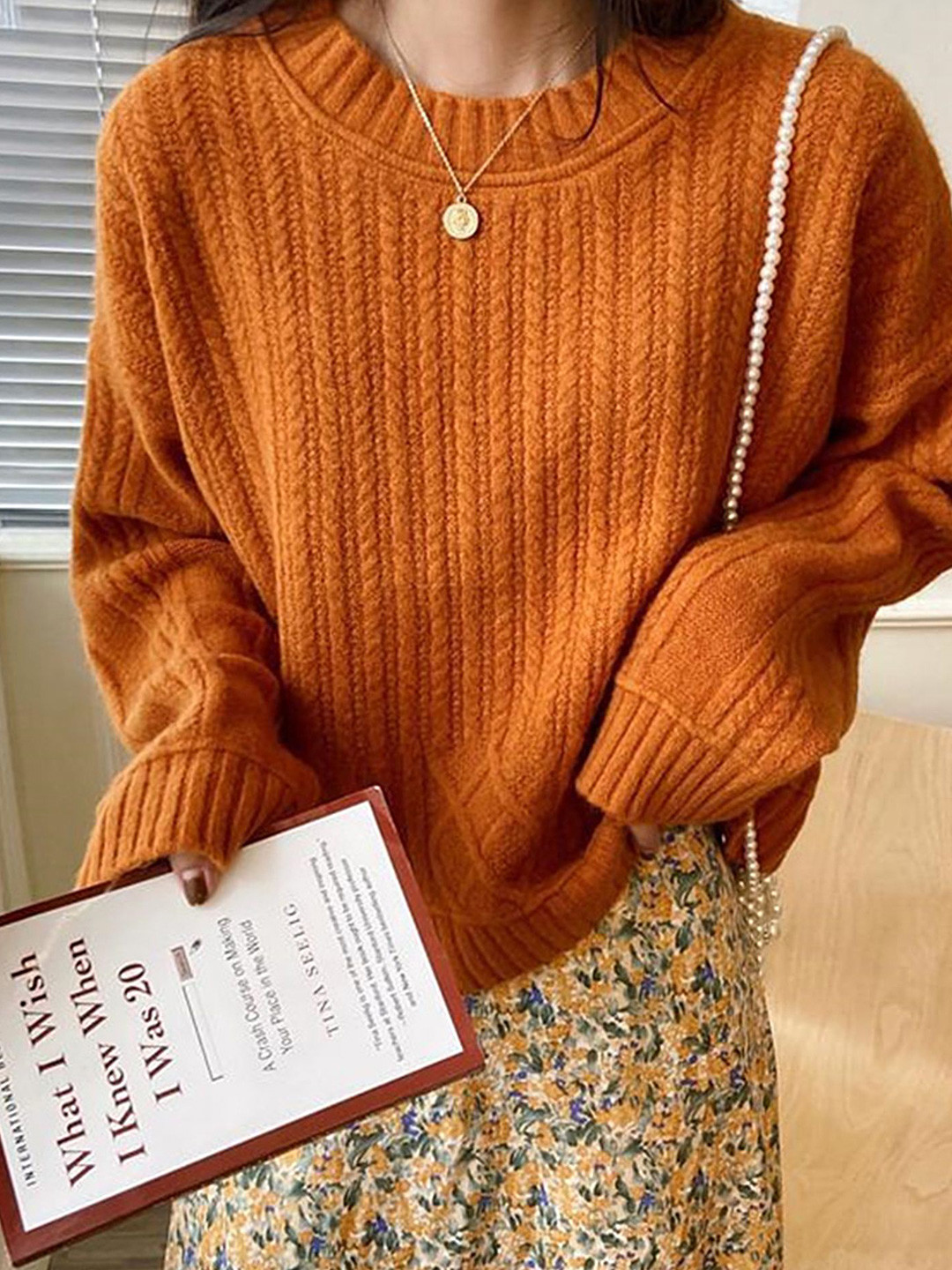 

LULU & SKY Women Self Design Cable Knit Pullover, Orange