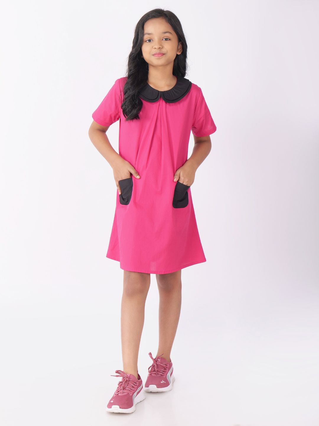 

CHARMGAL Girls Colourblocked Peter Pan Collar Cotton A-Line Dress, Pink