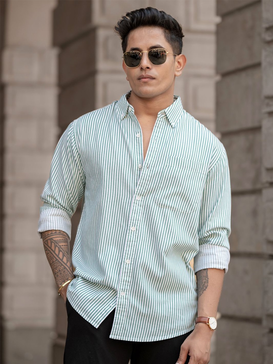 

Powerlook Men Opaque Striped Cotton Casual Shirt, Green