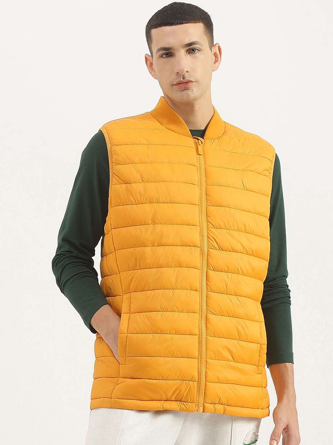 

United Colors of Benetton Men Stand Collar Solid Casual Gilet Jacket, Yellow