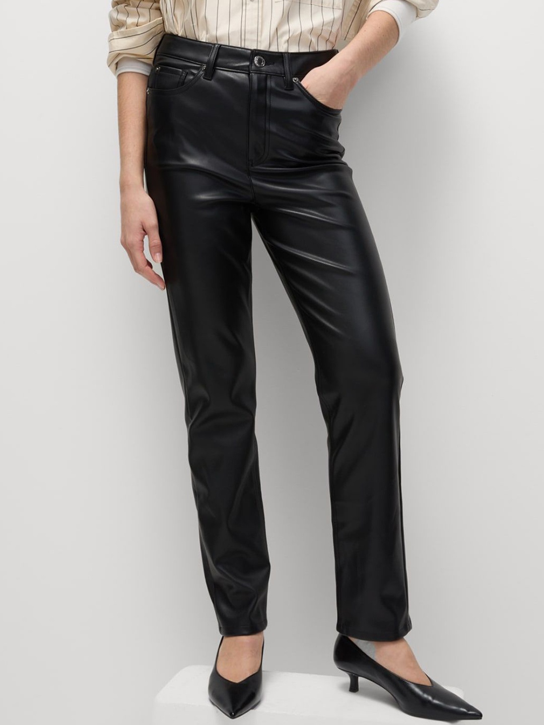 

Marks & Spencer Women Faux Leather Straight Fit High-Rise Trousers, Black