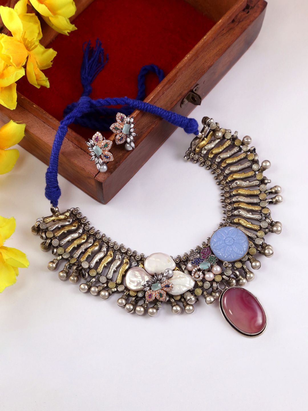 

Yinara Silver-Plated Stone Studded Necklace & Earrings
