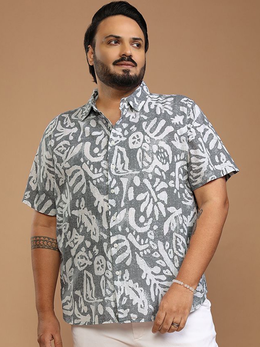 

HIGHLANDER Men Abstract Printed Plus Size Relaxed Fit Casual Shirt, Grey