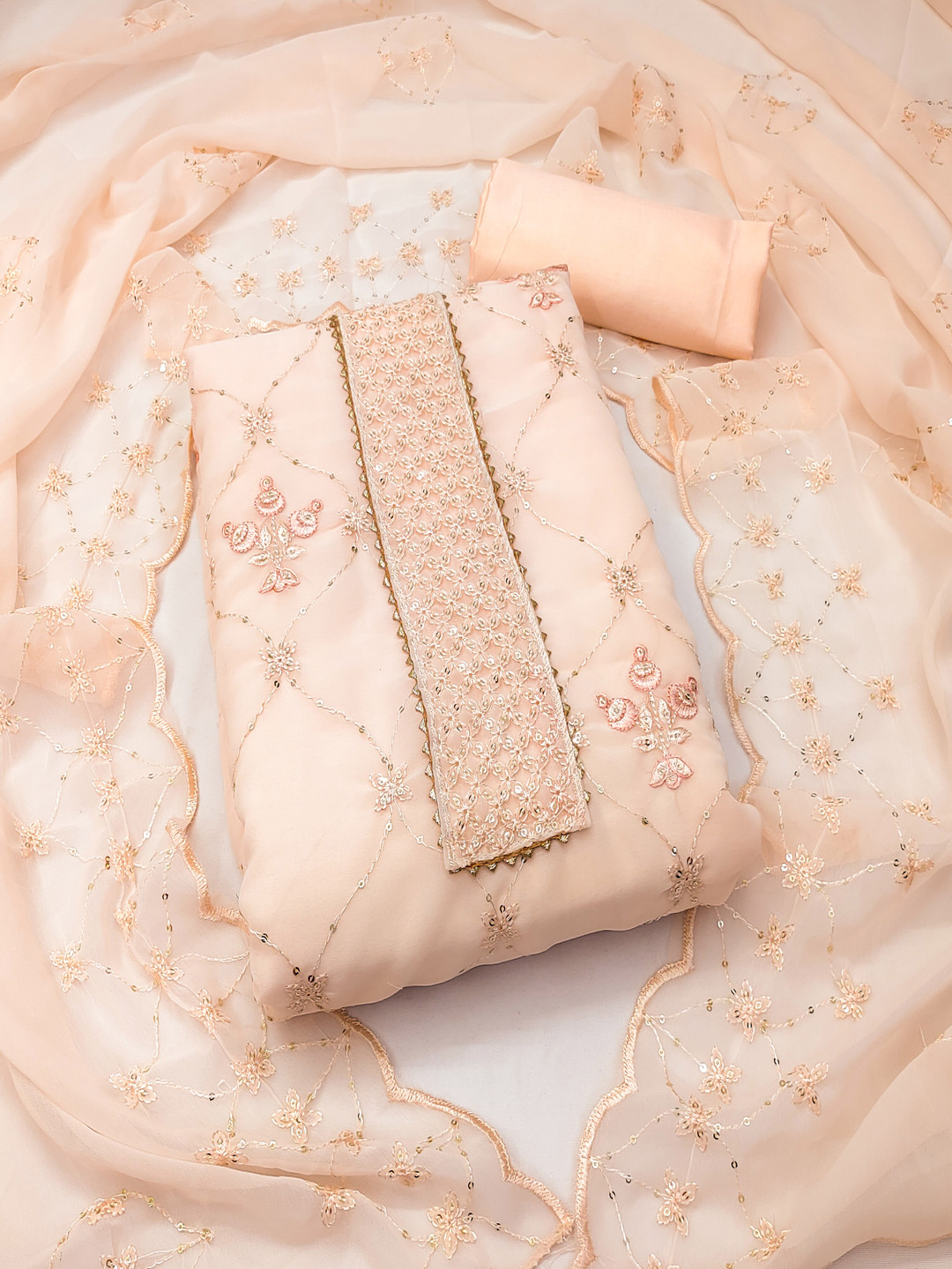 

Maroosh Floral Embroidered Sequinned Georgette Unstitched Dress Material, Beige