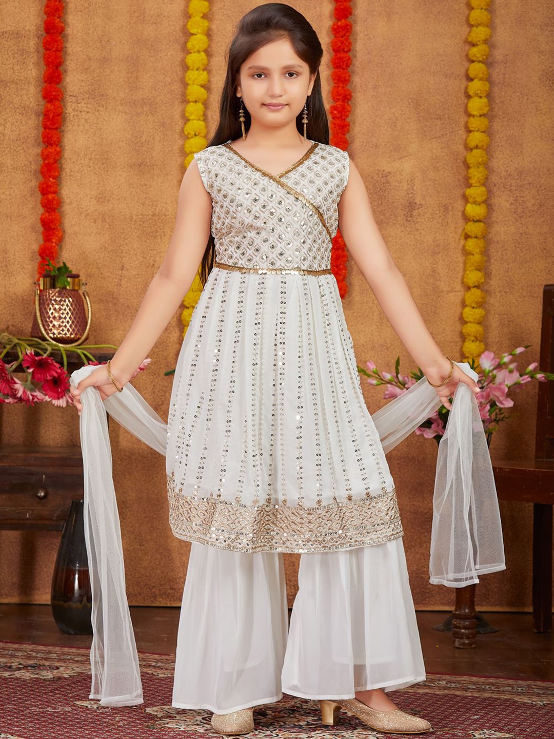 

Sangria Girls Embroidered Kurta With Sharara & Dupatta, Off white