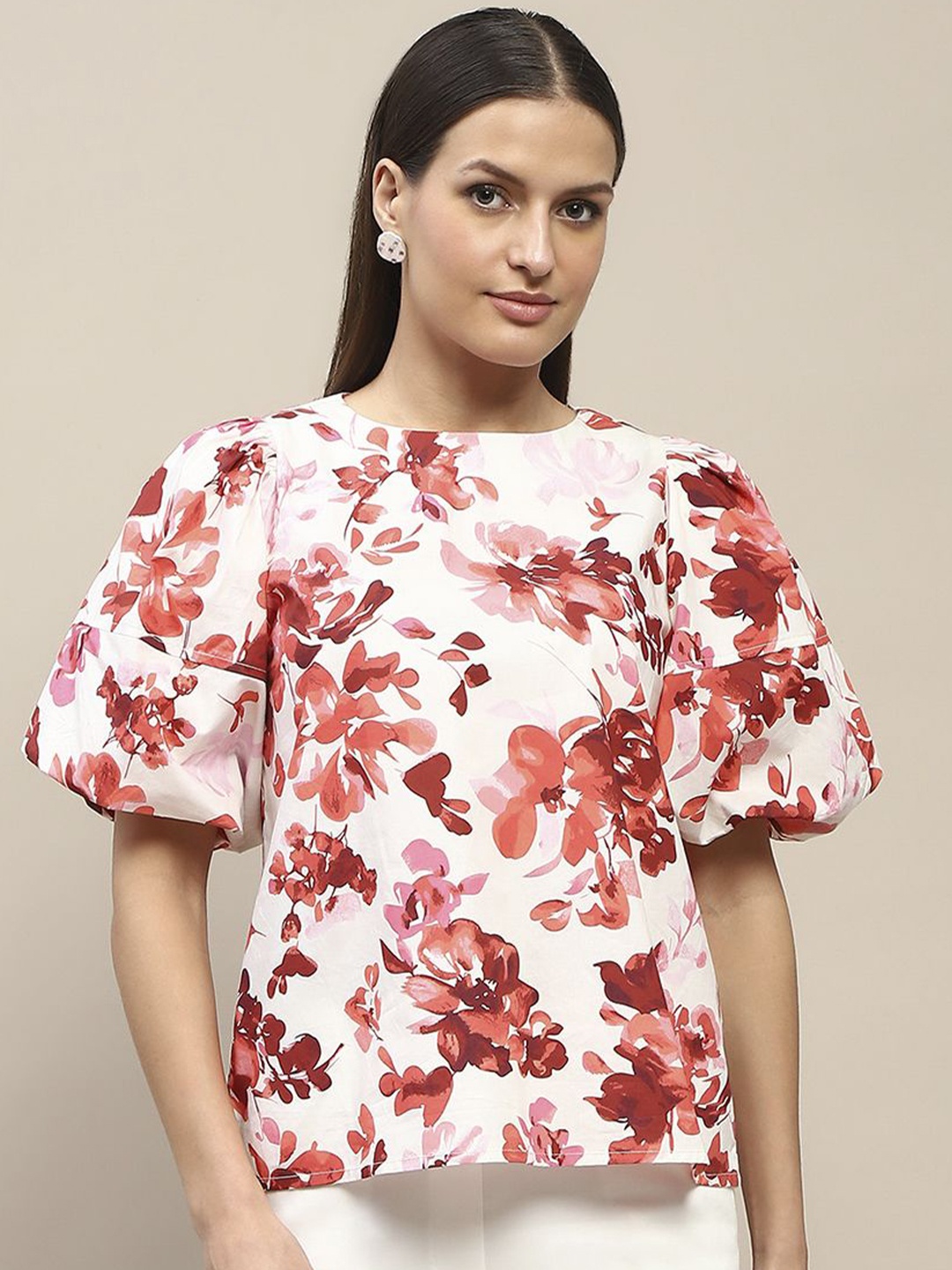 

Madame Floral Printed Flared Sleeve Cotton Top, White