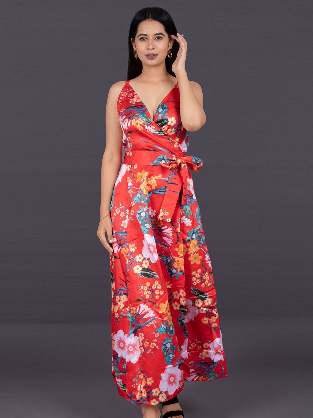 

La Aimee Women Floral Printed Wrap Maxi Dress, Red