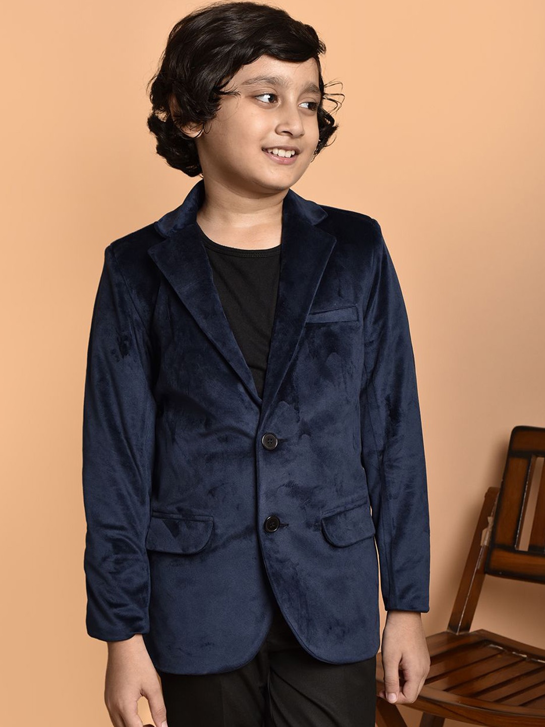 

PRINTINDIA Boys Slim Fit Notched Lapel Single-Breasted Velvet Blazer, Navy blue