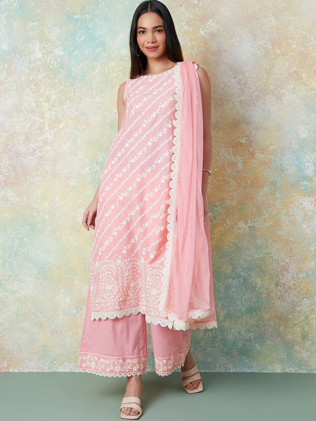 

Melange by Lifestyle Floral Printed Pure Cotton Kurta With Pyjamas & Dupatta, Pink