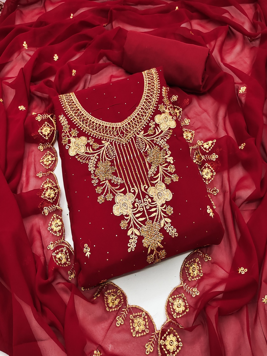 

Maroosh Floral Embroidered Thread Work Unstitched Dress Material, Maroon