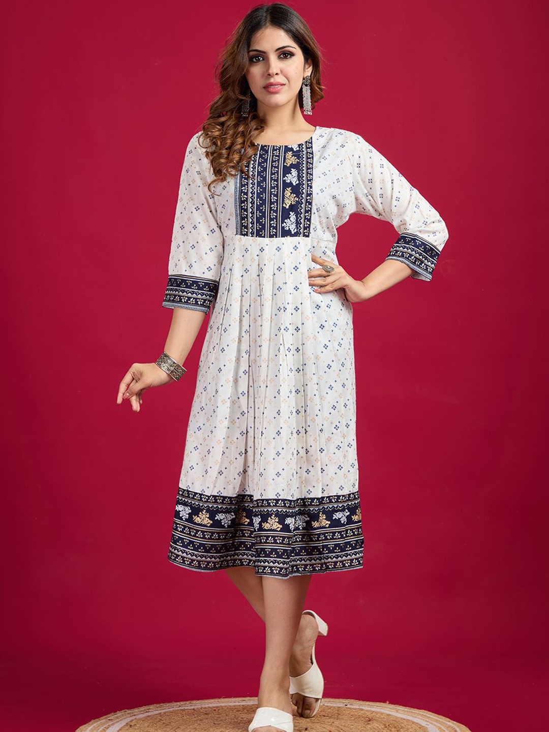 

NIRMAL CREATION Geometric Printed Round Neck Three-Quarter Sleeves Cotton Ethnic Dress, Navy blue