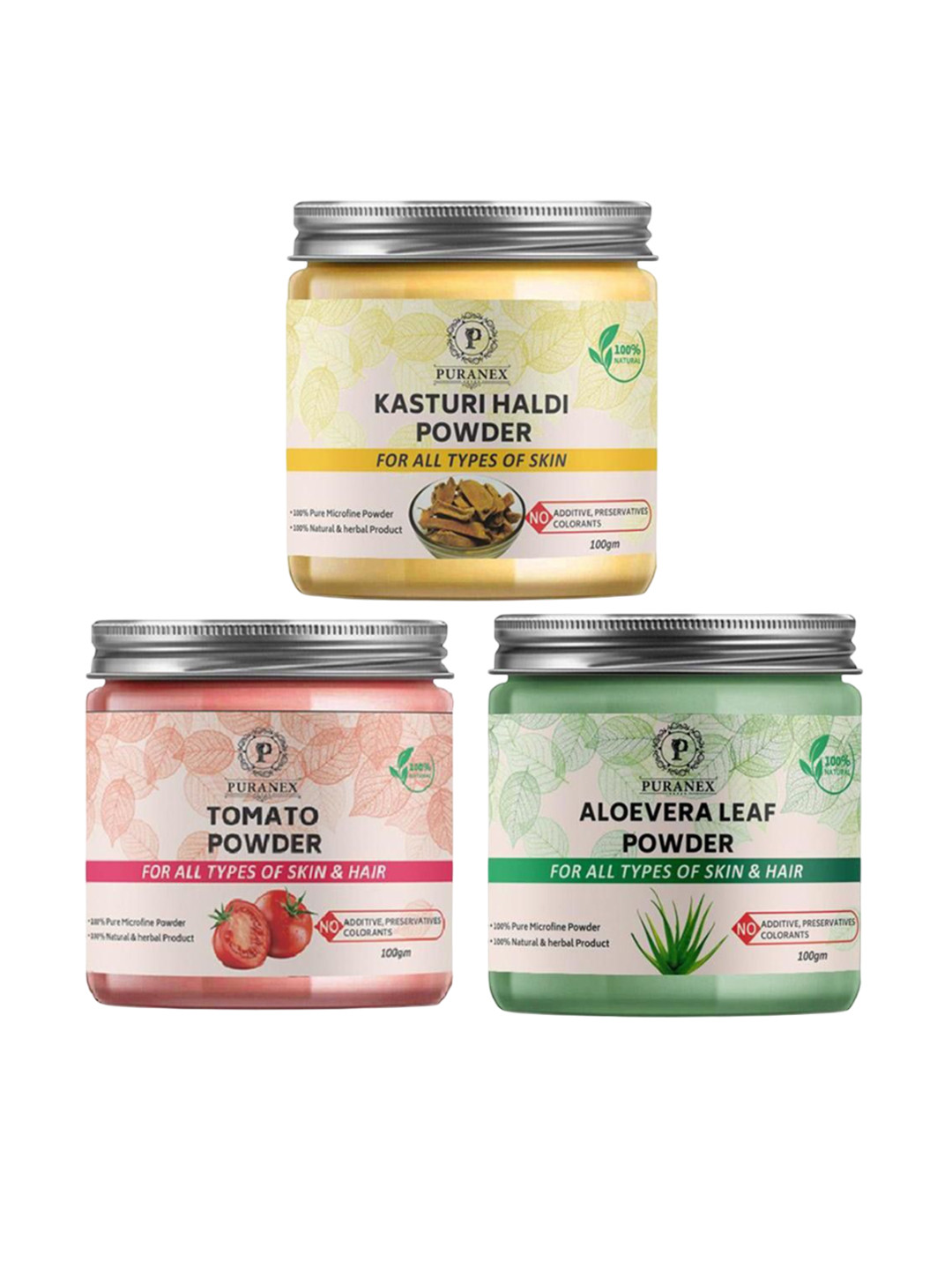 

Puranex Set Of 3 Natural Kasturi Haldi, Tomato & Aloevera Skin & Hair Powder-100 g Each, White