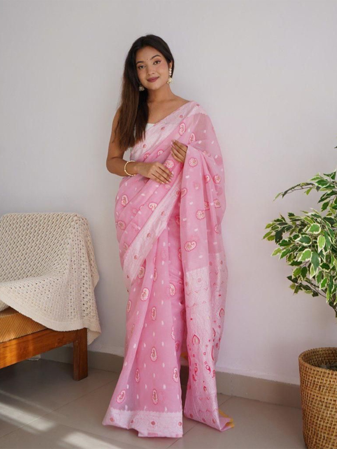 

Fashion Booms Women Woven Design Pure Silk Saree, Pink