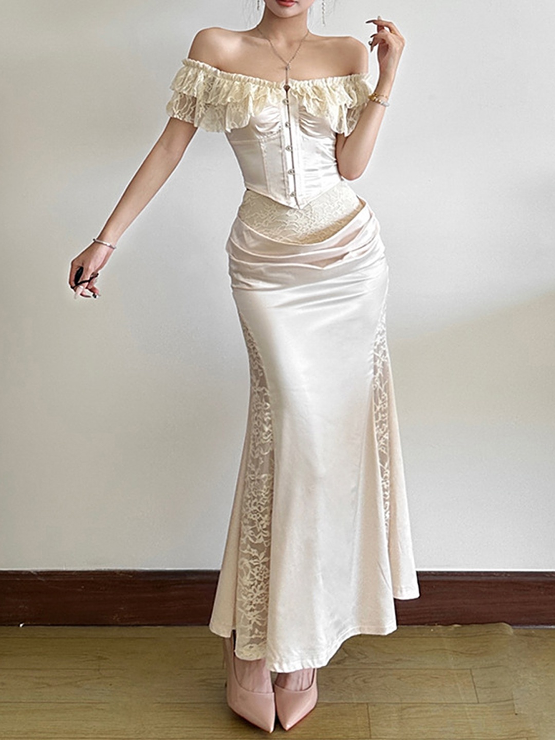 

LULU & SKY Gathered Fishtail Maxi Skirt, Beige