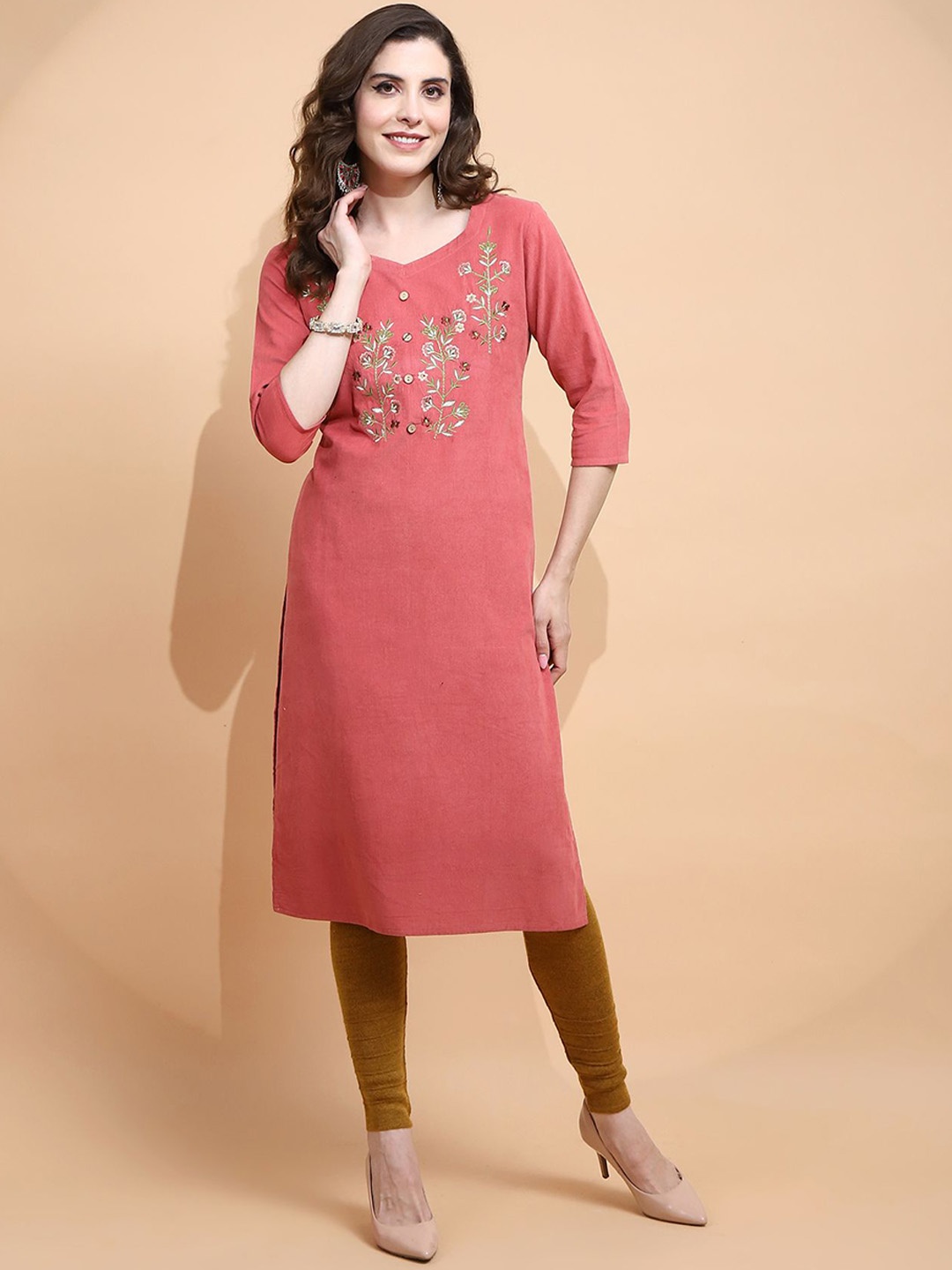 

Me&I V-Neck Floral Embroidered Thread Work Straight Cotton Kurta, Rust