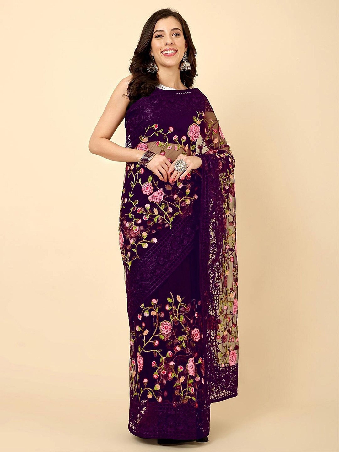 

JULEE Floral Embroidered Net Saree, Purple