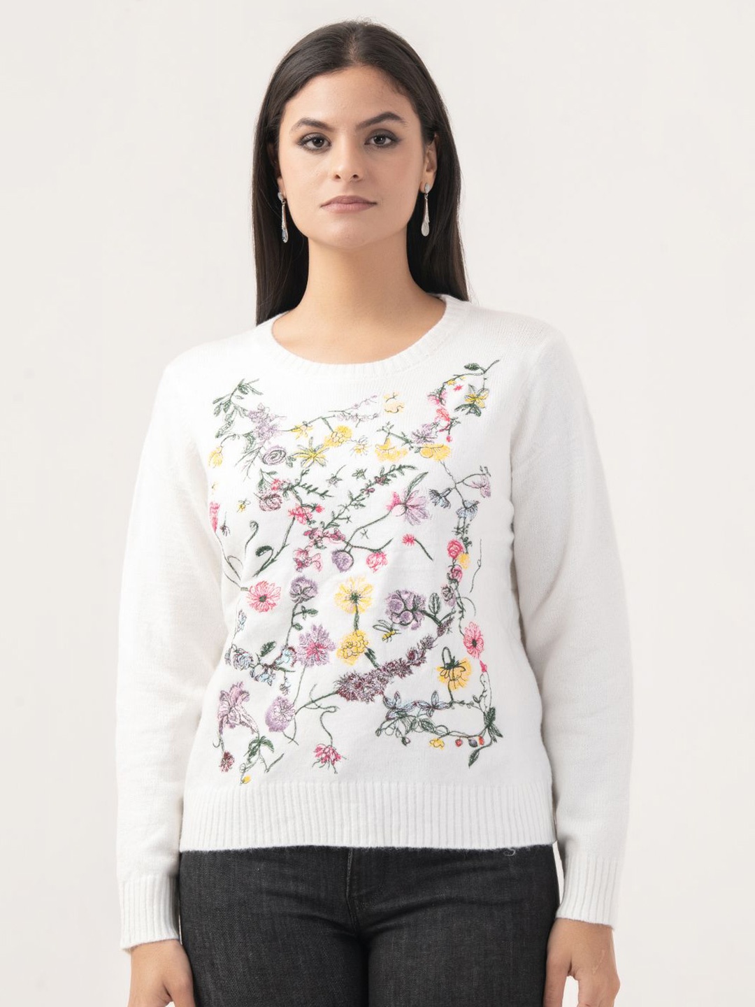 

Albion By CnM Women Floral Self Design Pullover, Off white