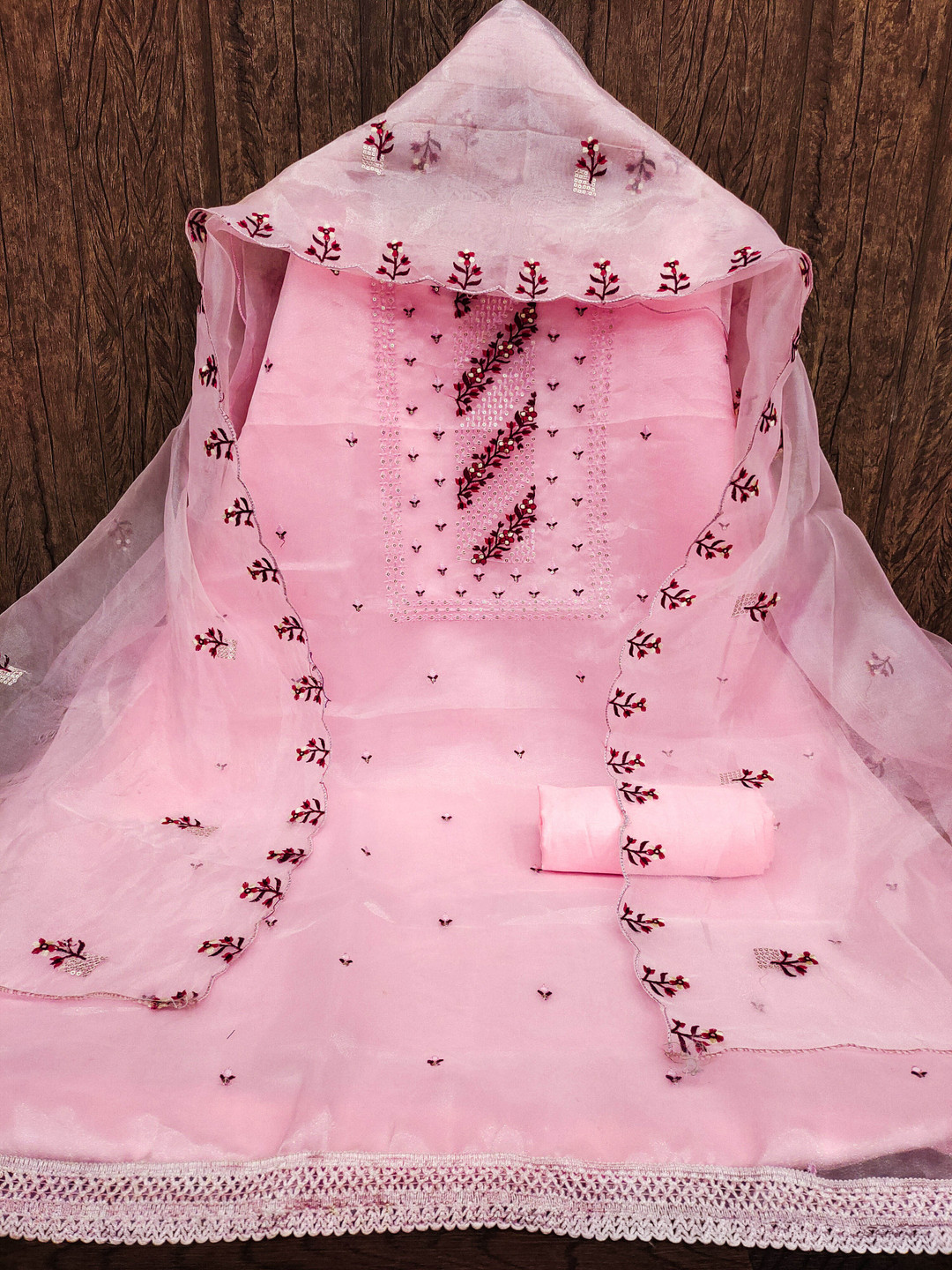 

Maroosh Floral Embroidered Sequinned Organza Unstitched Dress Material, Pink