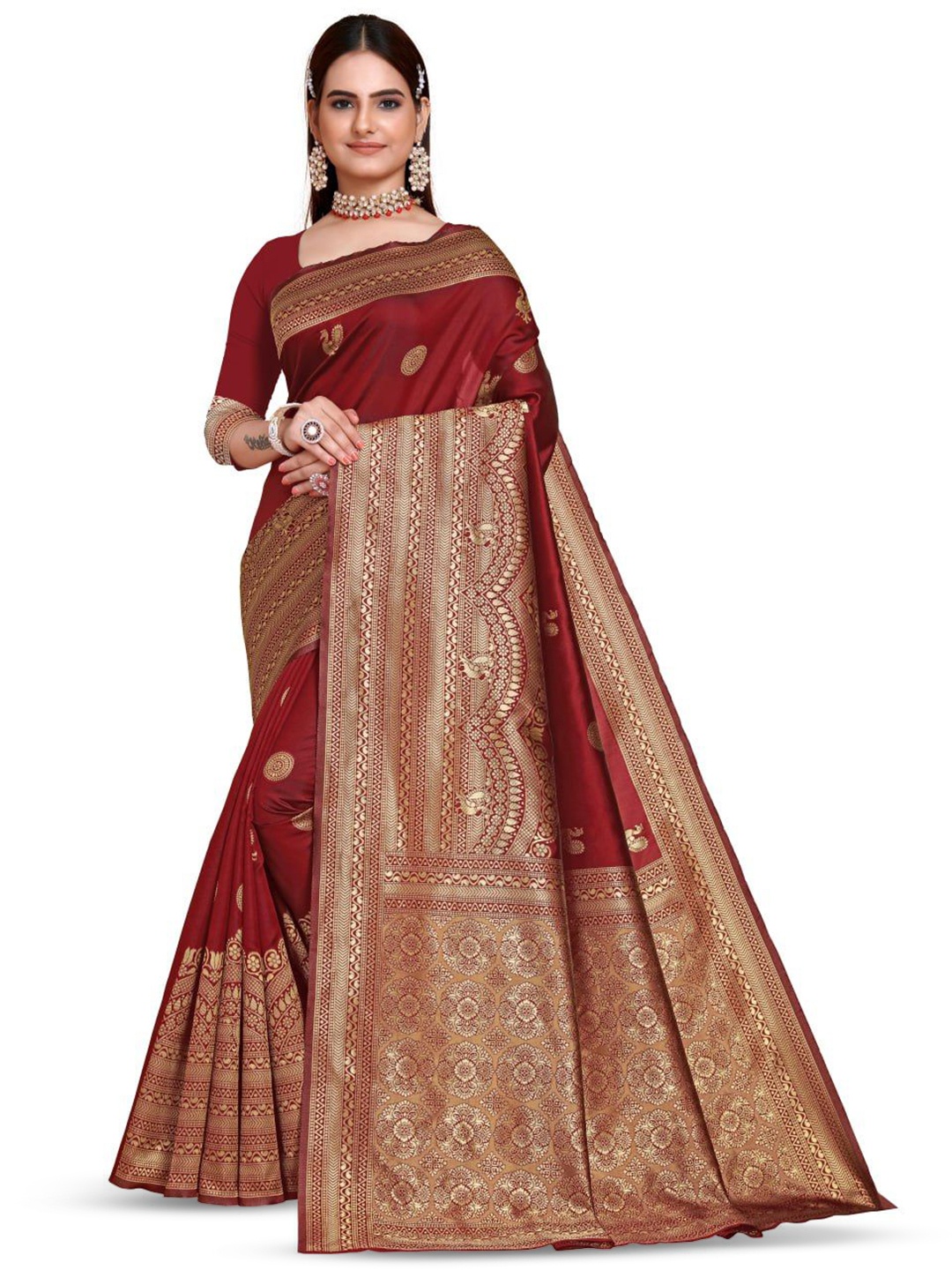 

Fashion Booms Woven Design Zari Pure Silk Banarasi Saree, Maroon