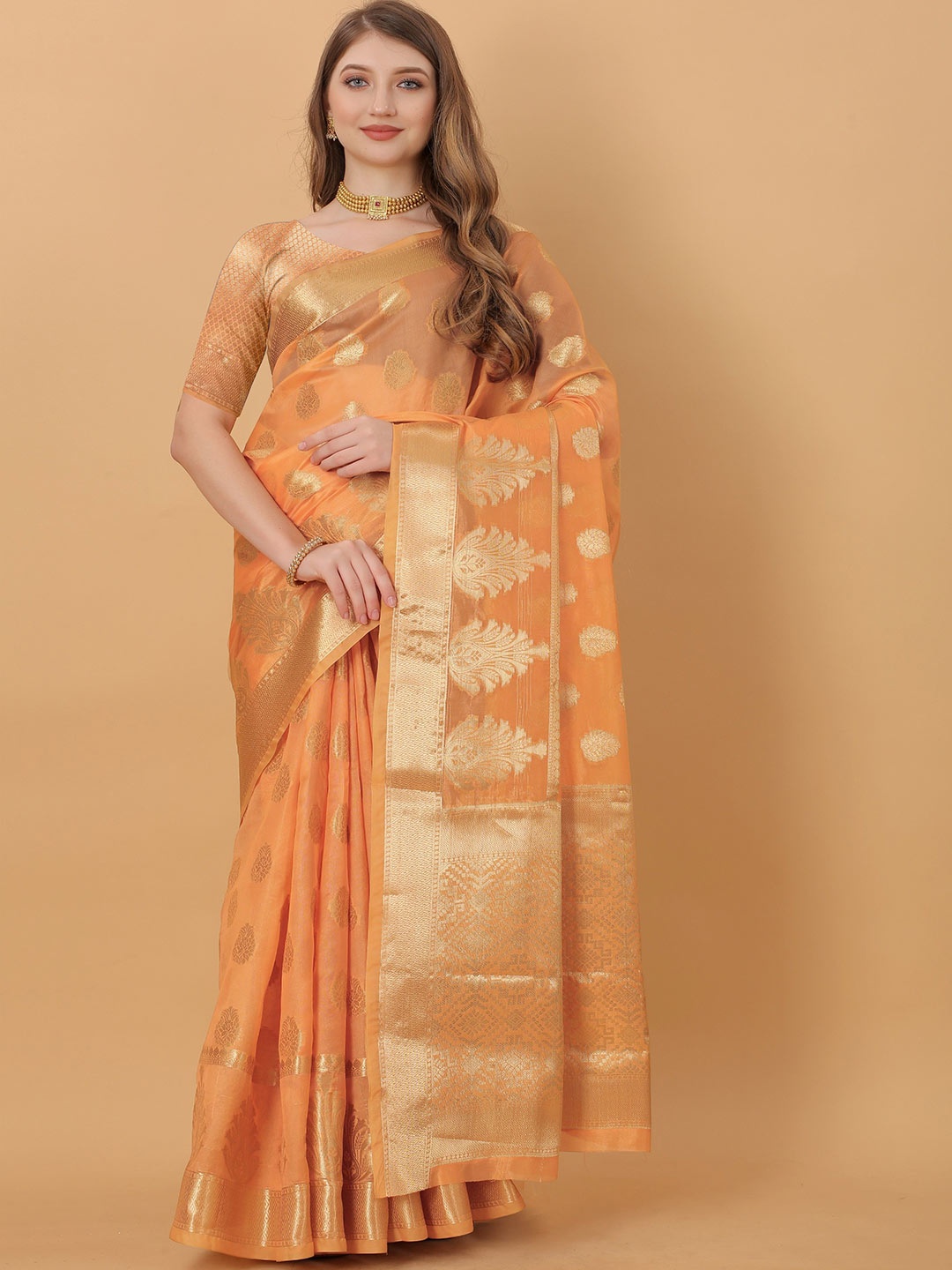 

Anaita Ethnic Motifs Woven Design Zari Banarasi Saree, Orange