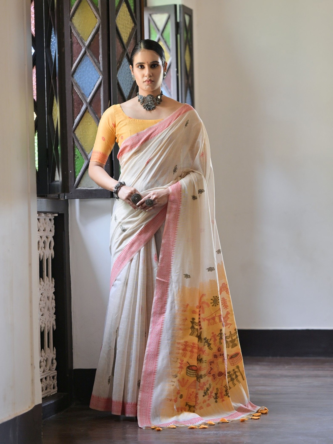 

Kandora Woven Design Zari Pure Silk Muga Saree, White