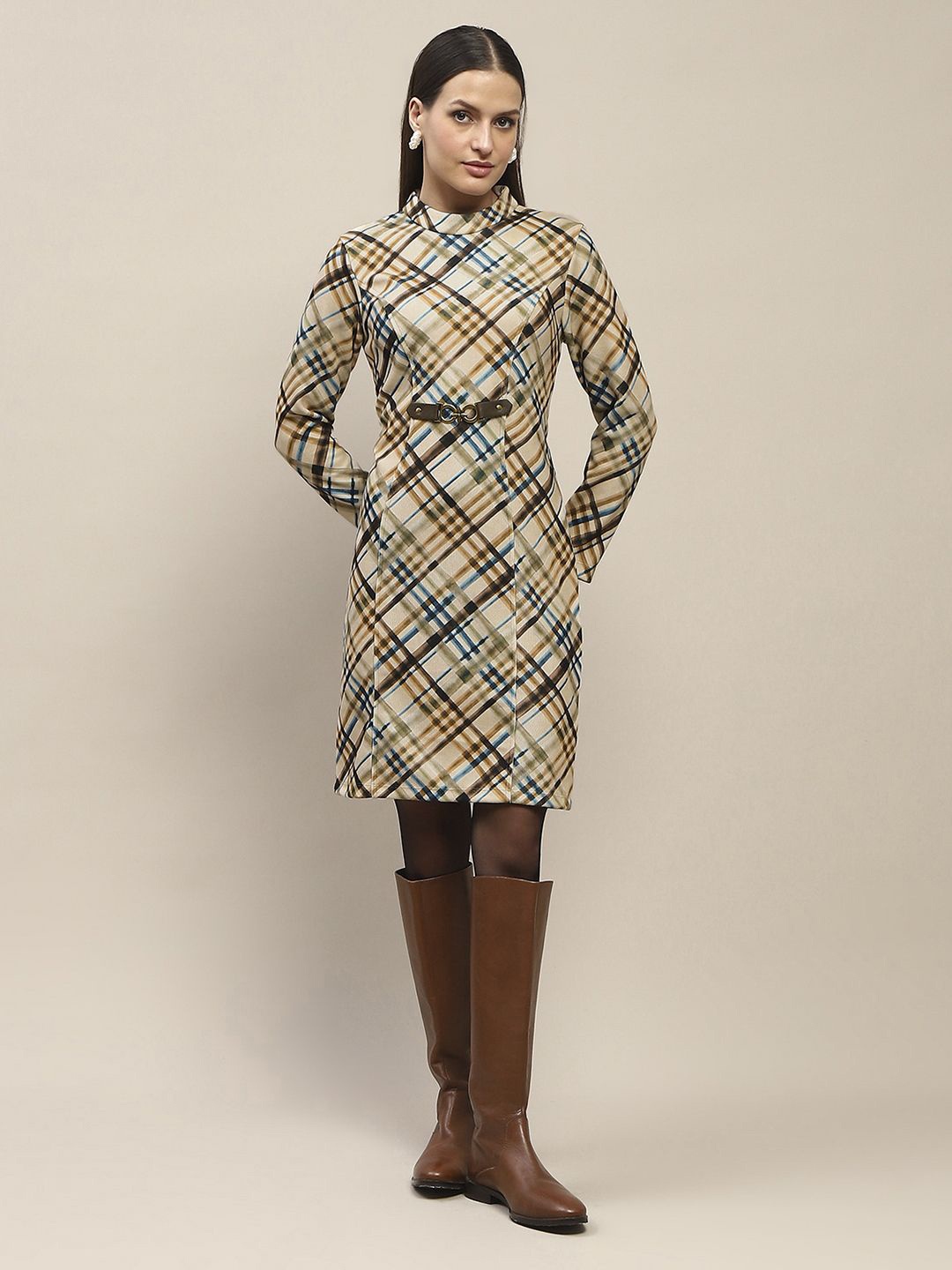 

Madame Women Checked Mock Neck Sheath Dress, Beige