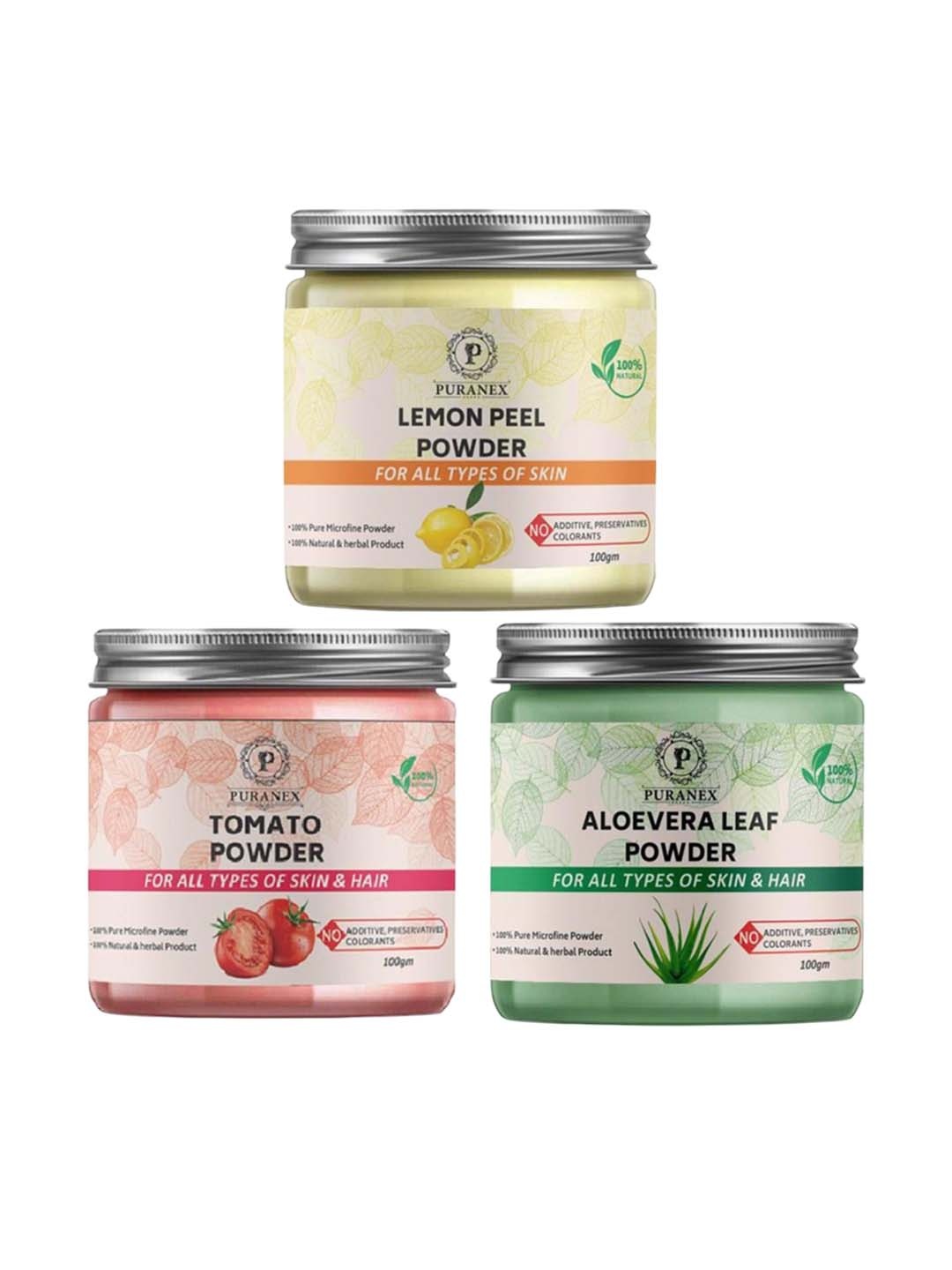 

Puranex Set Of 3 Lemon Peel, Tomato & Aloevera Skin & Hair Powder-100 g Each, White