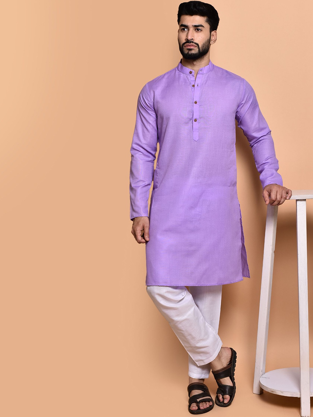 

PRINTINDIA Mandarin Collar Pure Cotton Straight Kurta with Trousers, Lavender