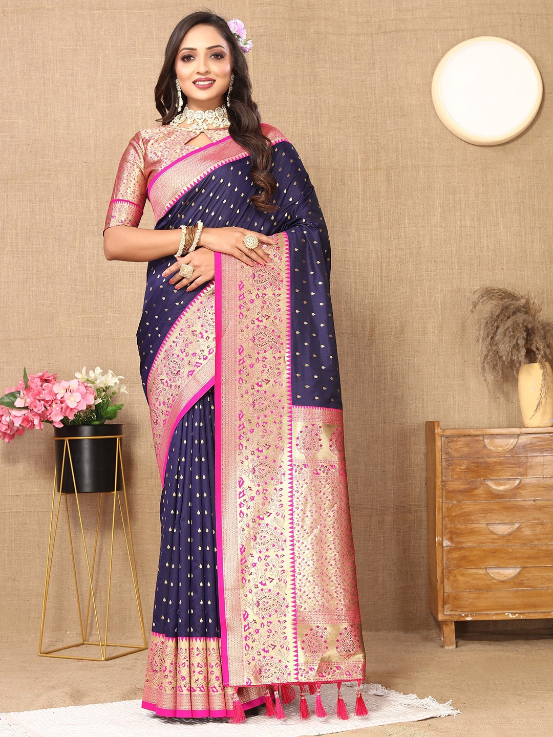 

Anaita Woven Design Zari Silk Blend Banarasi Saree, Navy blue