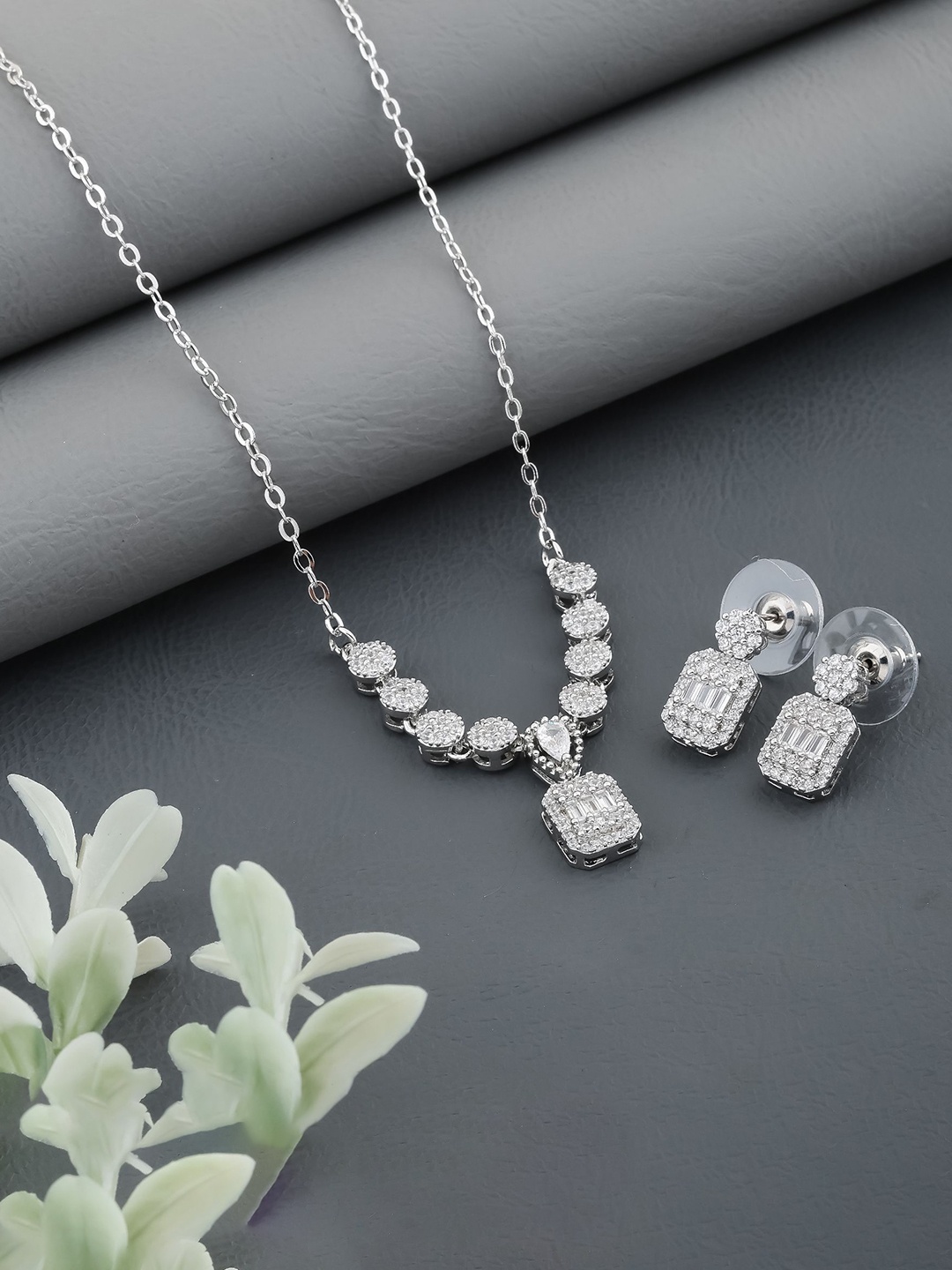 

SKY SHOPPERS Silver-Plated CZ-Stone Stone-Studded Jewellery Set