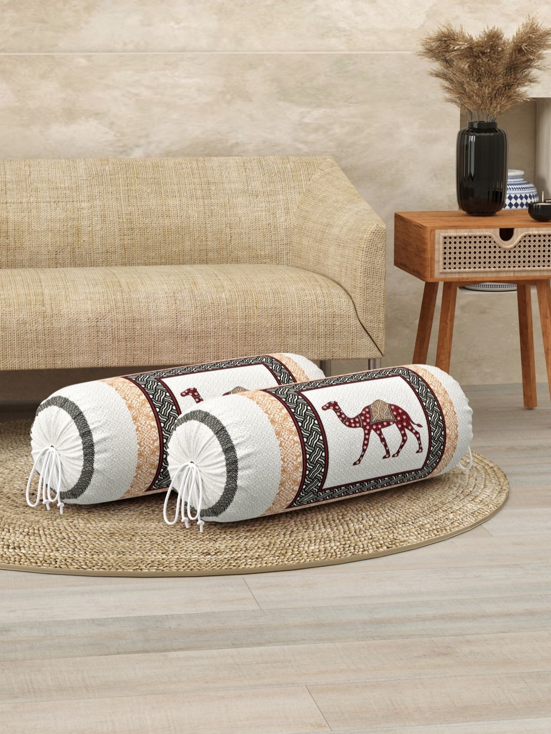

BLOCKS OF INDIA White & Blue 2 Pieces Ethnic Motifs Printed Cotton Bolster Cover Set