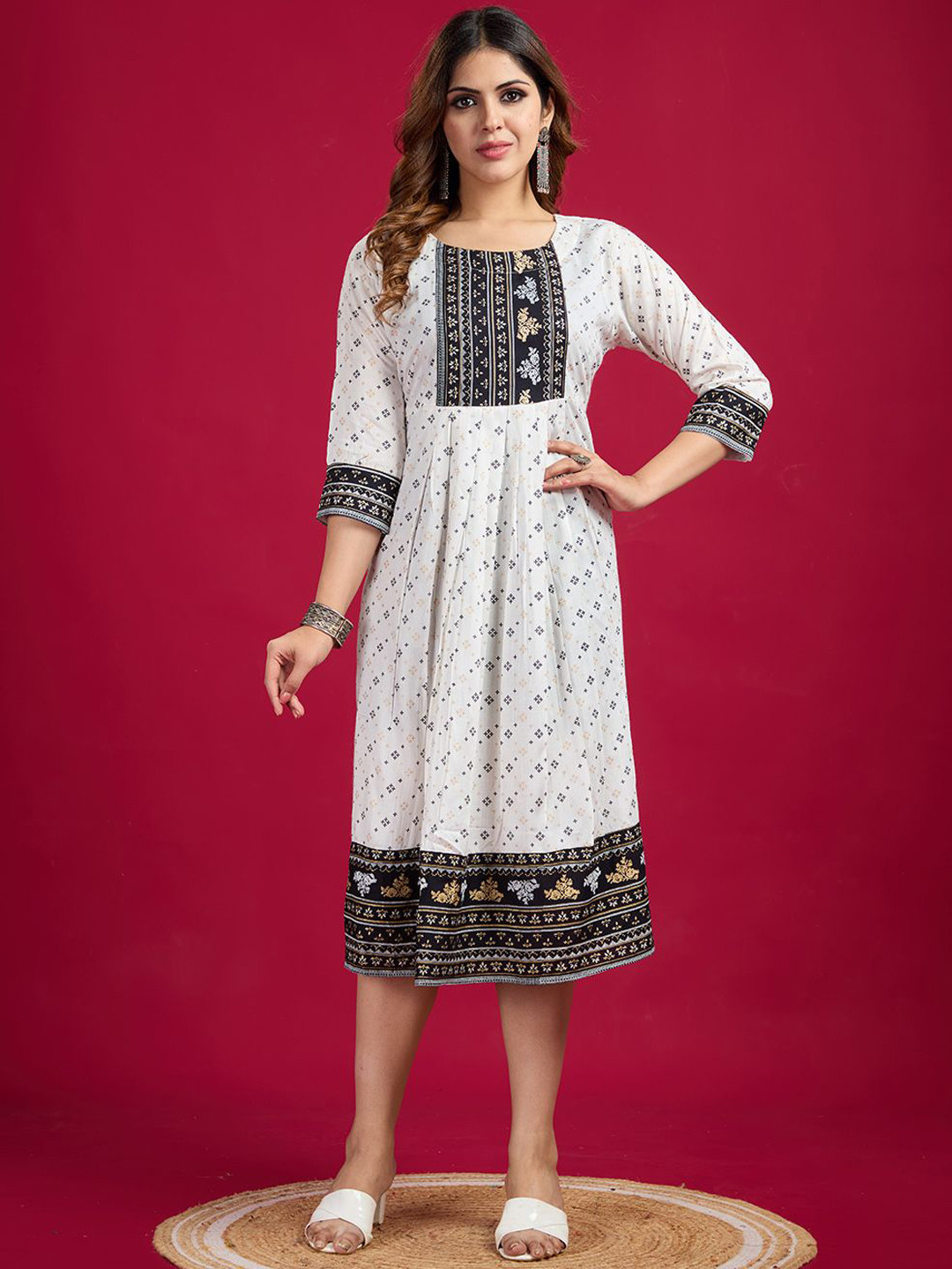 

A.V.M Prints Floral Printed Round Neck Pure Cotton A-Line Ethnic Dresses, Black