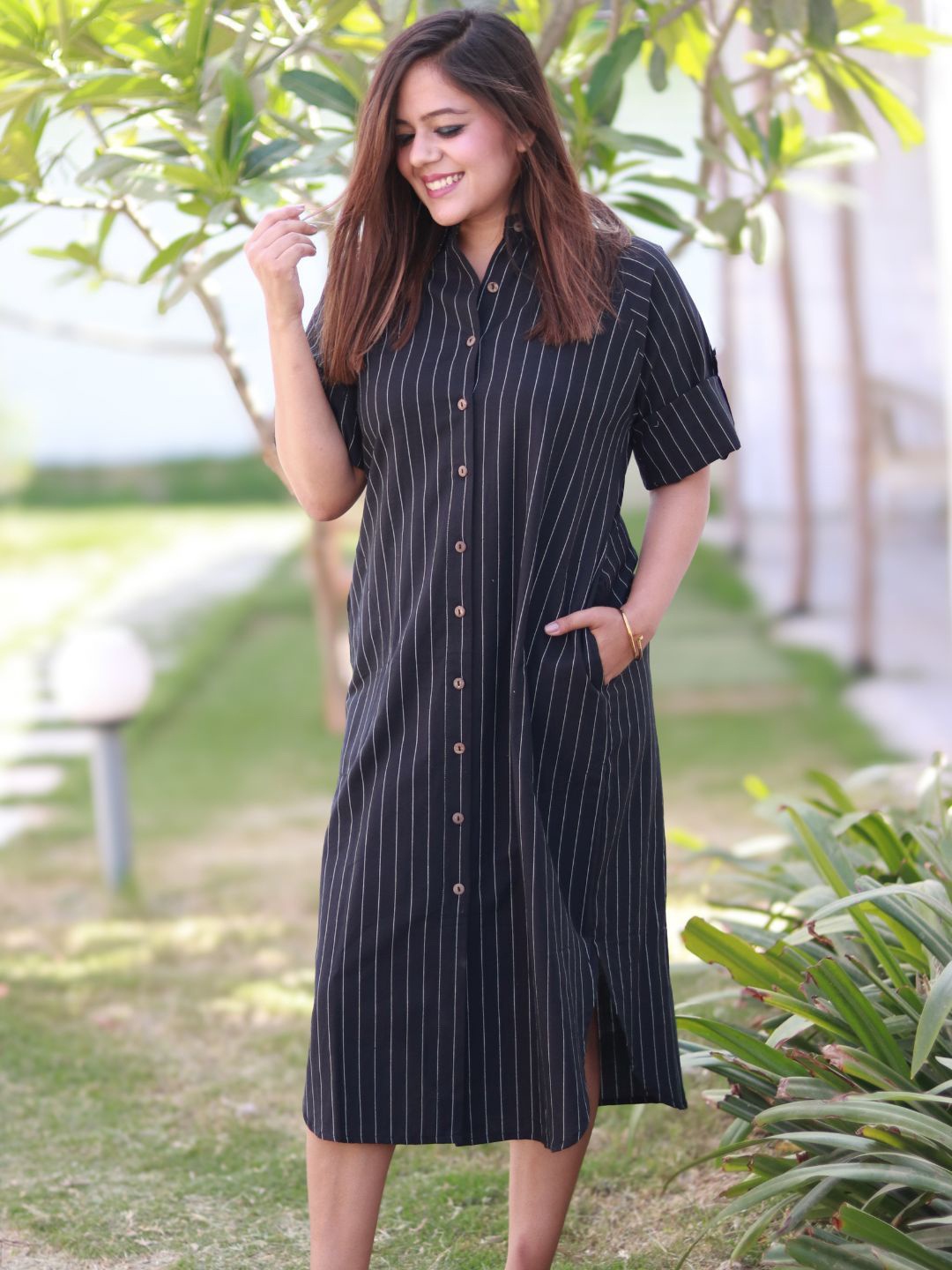 

Minimul Striped Shirt Dress, Black