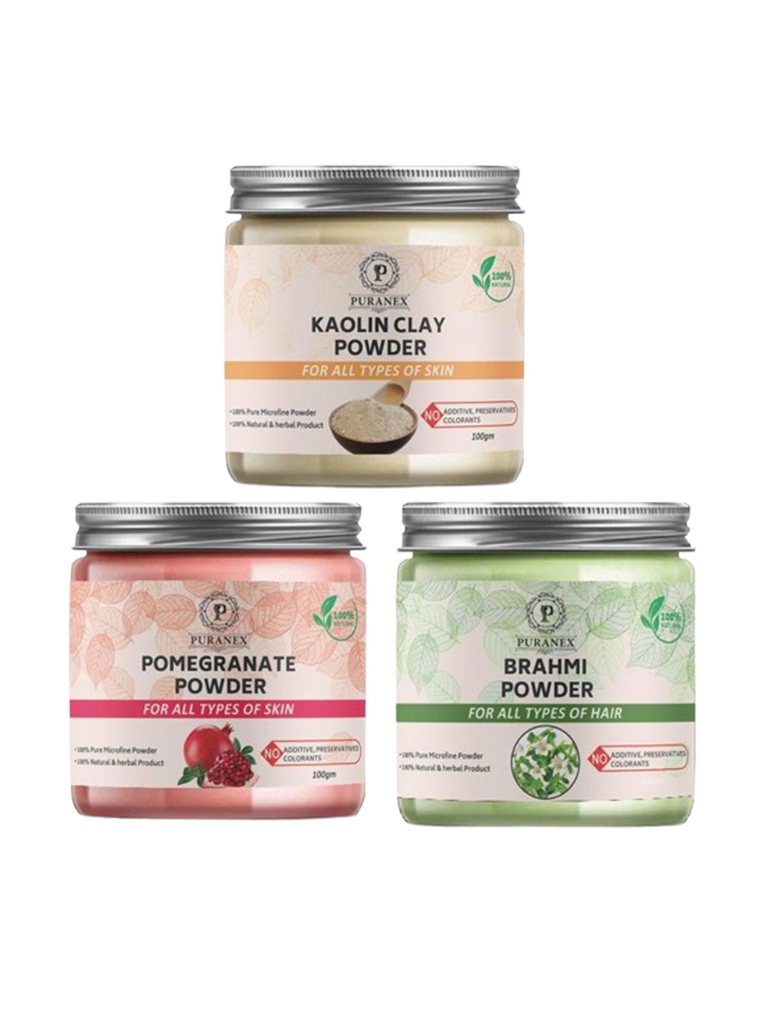 

Puranex Set Of 3 Kaolin Clay - Pomegranate & Brahmi Powder - 100 g Each, White